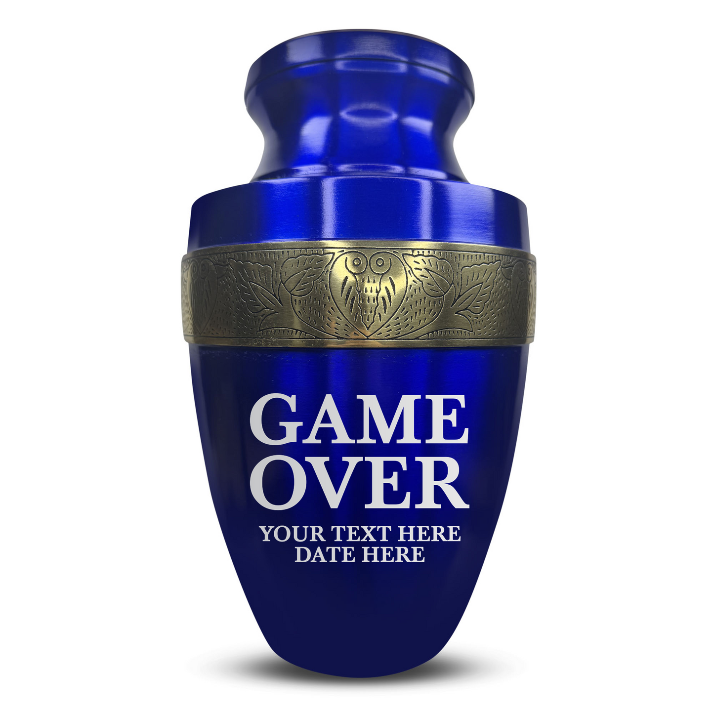 Personalized Adult Cremation Urn with Custom Engraved Name, Date and Funny Gaming Design Metal Aluminum Vessel for Ashes and Remains | Elite Collection with Gold Inlay | 200 Cubic Inch