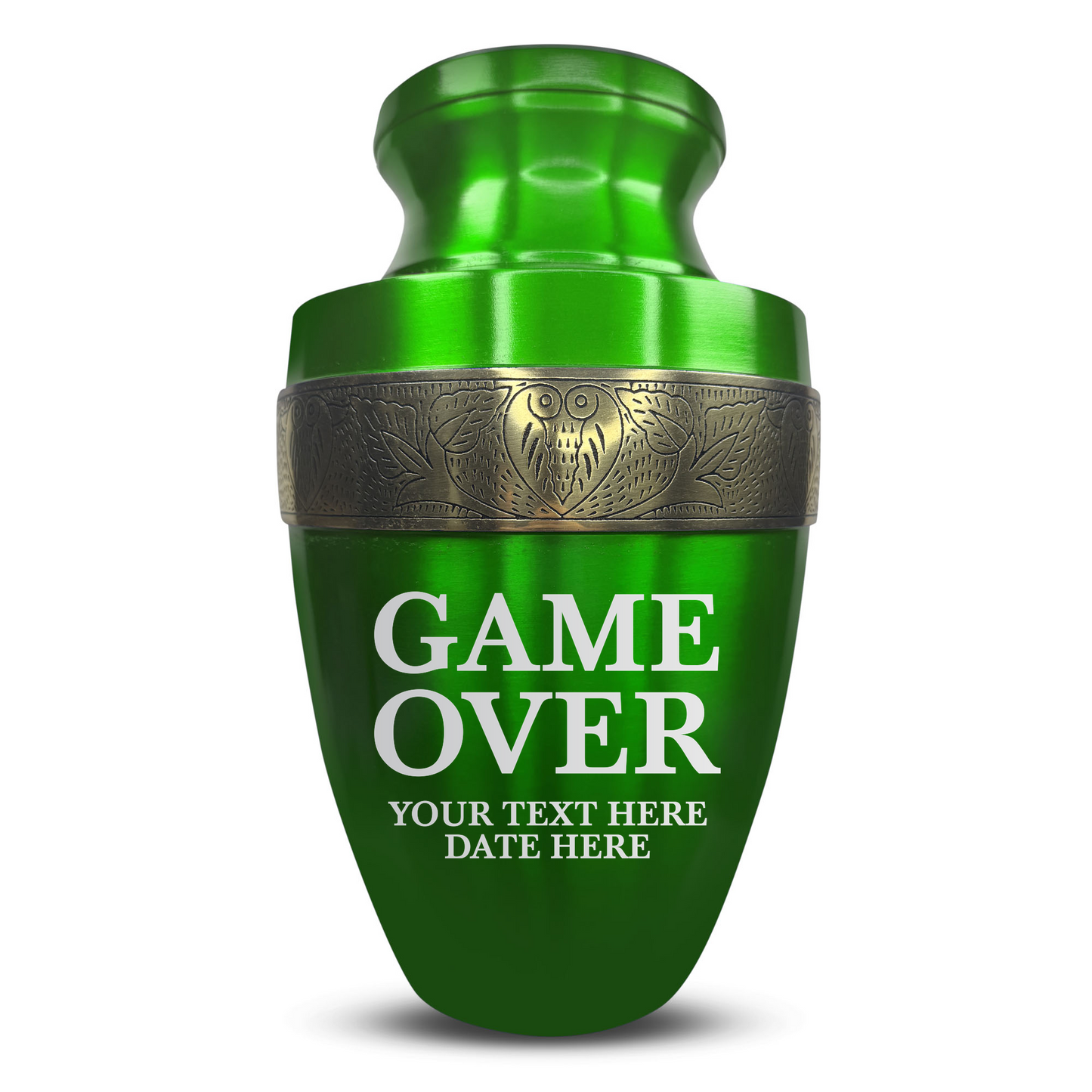Personalized Adult Cremation Urn with Custom Engraved Name, Date and Funny Gaming Design Metal Aluminum Vessel for Ashes and Remains | Elite Collection with Gold Inlay | 200 Cubic Inch