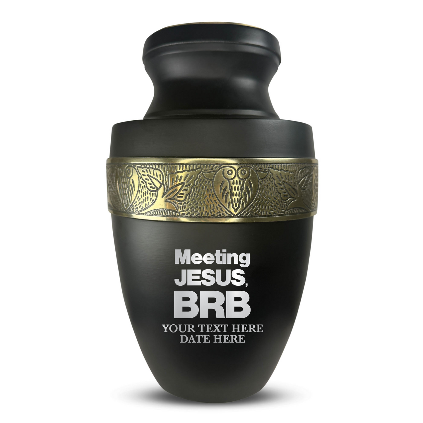 Personalized Adult Cremation Urn with Custom Engraved Name, Date and Funny Religious Design Metal Aluminum Vessel for Ashes and Remains | Elite Collection with Gold Inlay | 200 Cubic Inch