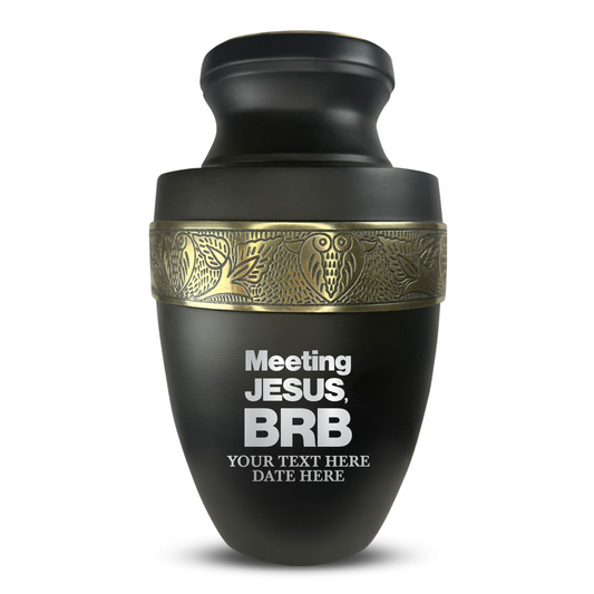 Personalized Adult Cremation Urn with Custom Engraved Name, Date and Funny Religious Design Metal Aluminum Vessel for Ashes and Remains | Elite Collection with Gold Inlay | 200 Cubic Inch