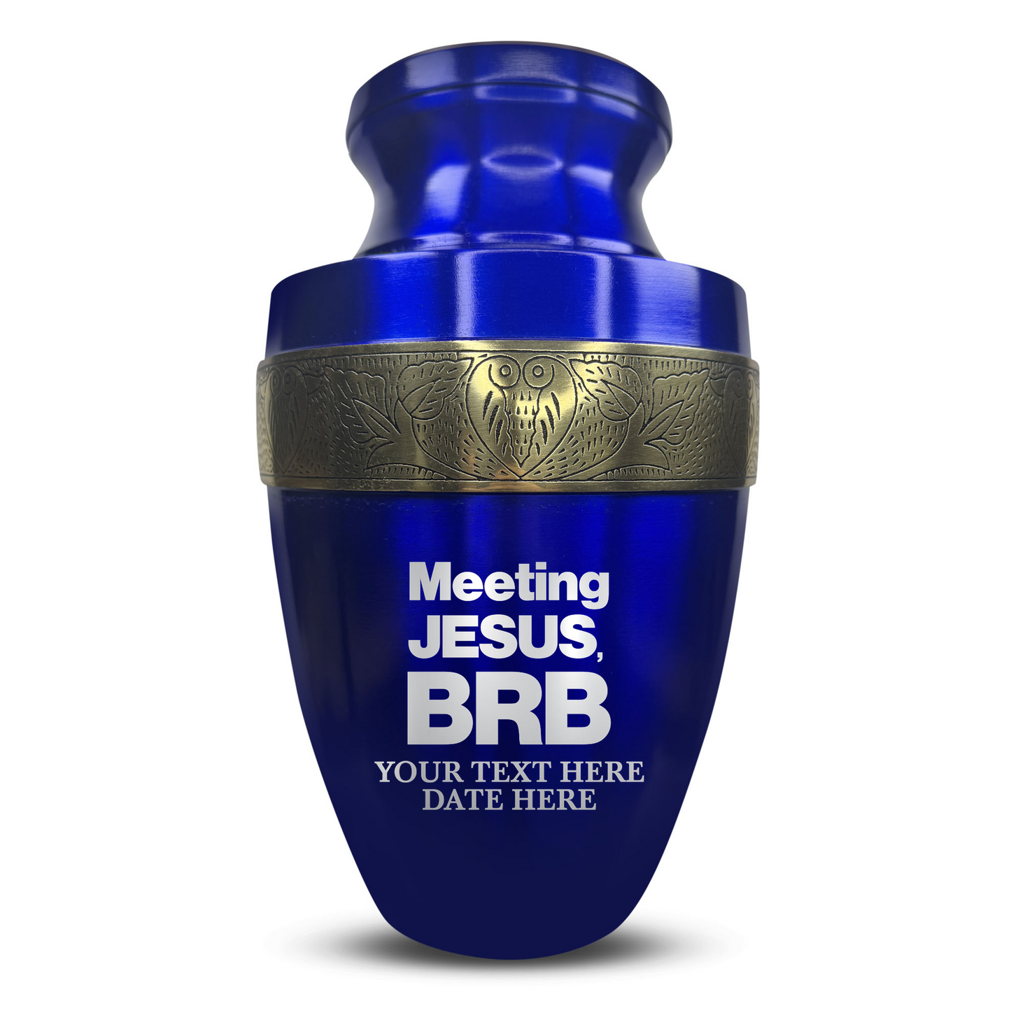 Personalized Adult Cremation Urn with Custom Engraved Name, Date and Funny Religious Design Metal Aluminum Vessel for Ashes and Remains | Elite Collection with Gold Inlay | 200 Cubic Inch