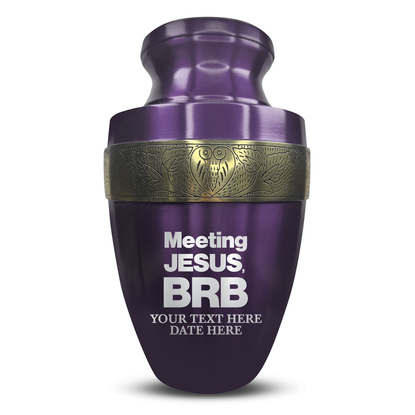Personalized Adult Cremation Urn with Custom Engraved Name, Date and Funny Religious Design Metal Aluminum Vessel for Ashes and Remains | Elite Collection with Gold Inlay | 200 Cubic Inch