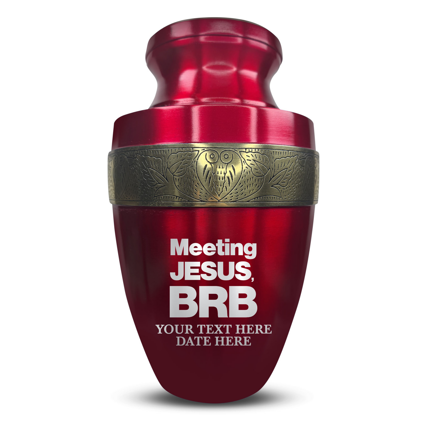 Personalized Adult Cremation Urn with Custom Engraved Name, Date and Funny Religious Design Metal Aluminum Vessel for Ashes and Remains | Elite Collection with Gold Inlay | 200 Cubic Inch