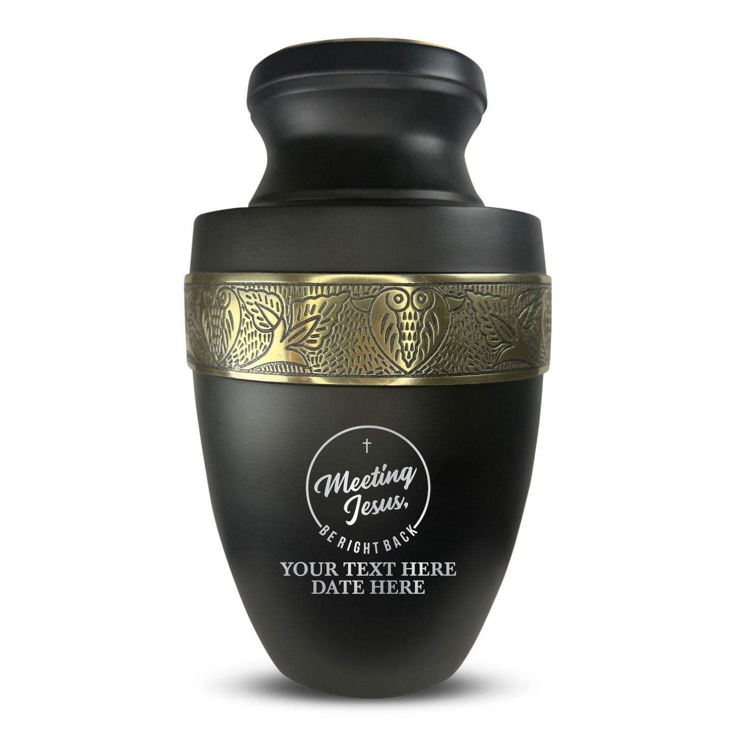 Personalized Adult Cremation Urn with Custom Engraved Name, Date and Funny Religious Design Metal Aluminum Vessel for Ashes and Remains | Elite Collection with Gold Inlay | 200 Cubic Inch