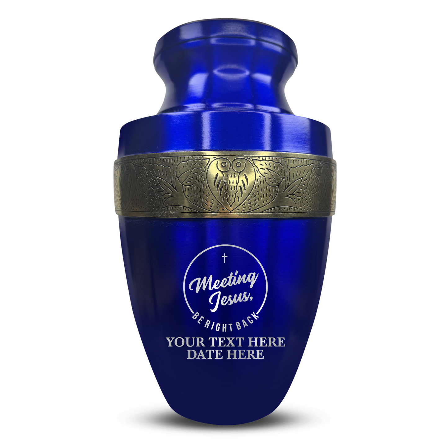 Personalized Adult Cremation Urn with Custom Engraved Name, Date and Funny Religious Design Metal Aluminum Vessel for Ashes and Remains | Elite Collection with Gold Inlay | 200 Cubic Inch