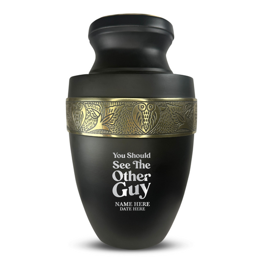 Personalized Adult Cremation Urn with Custom Engraved Name, Date and Dark Humor Design Metal Aluminum Vessel for Ashes and Remains | Elite Collection with Gold Inlay | 200 Cubic Inch