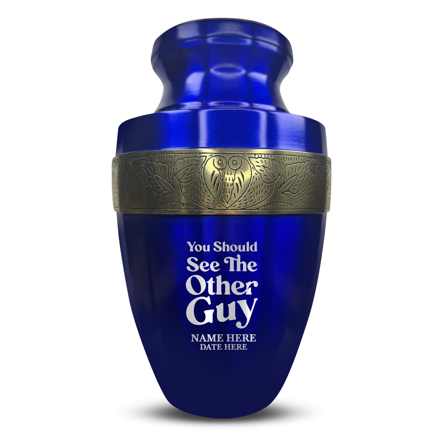 Personalized Adult Cremation Urn with Custom Engraved Name, Date and Dark Humor Design Metal Aluminum Vessel for Ashes and Remains | Elite Collection with Gold Inlay | 200 Cubic Inch