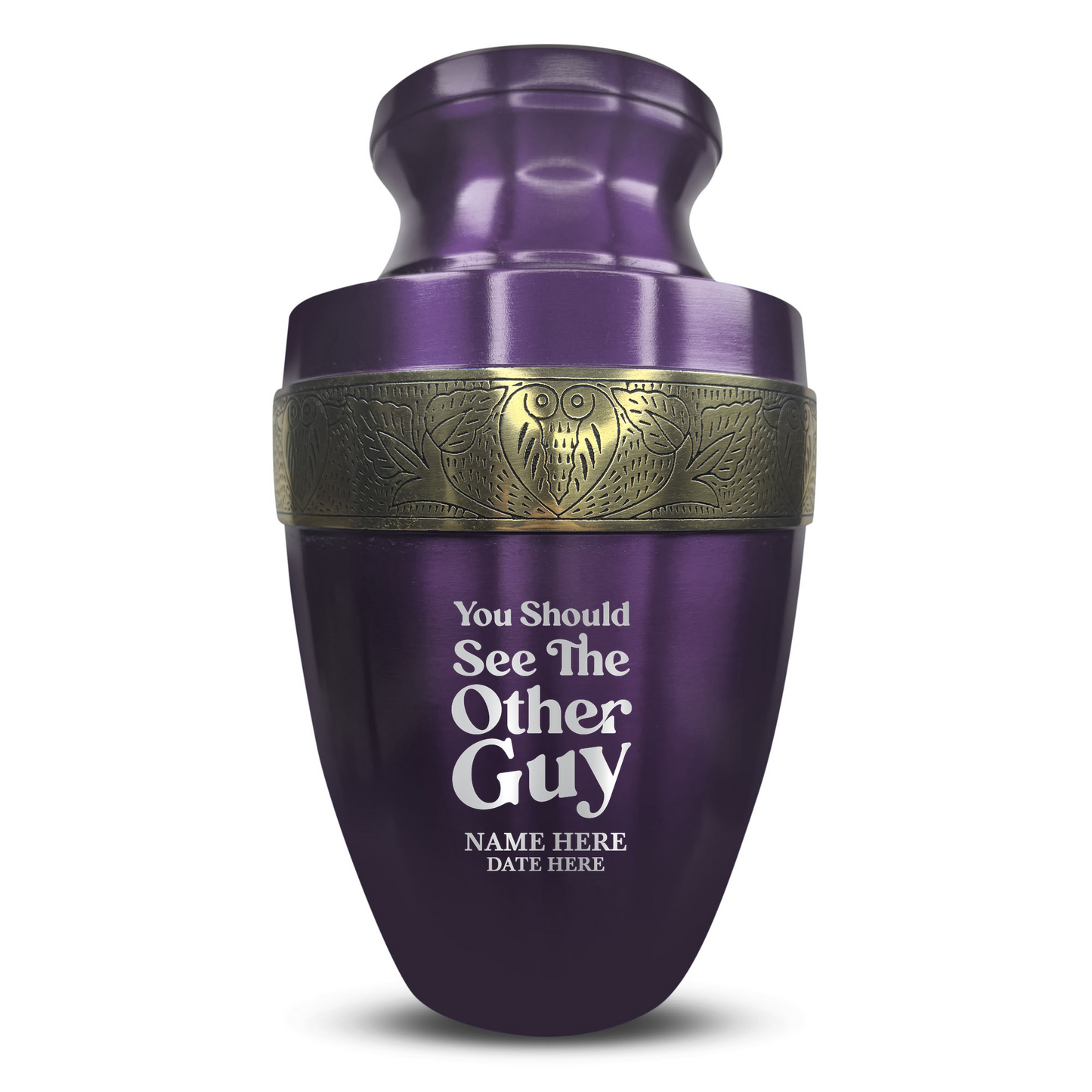 Personalized Adult Cremation Urn with Custom Engraved Name, Date and Dark Humor Design Metal Aluminum Vessel for Ashes and Remains | Elite Collection with Gold Inlay | 200 Cubic Inch