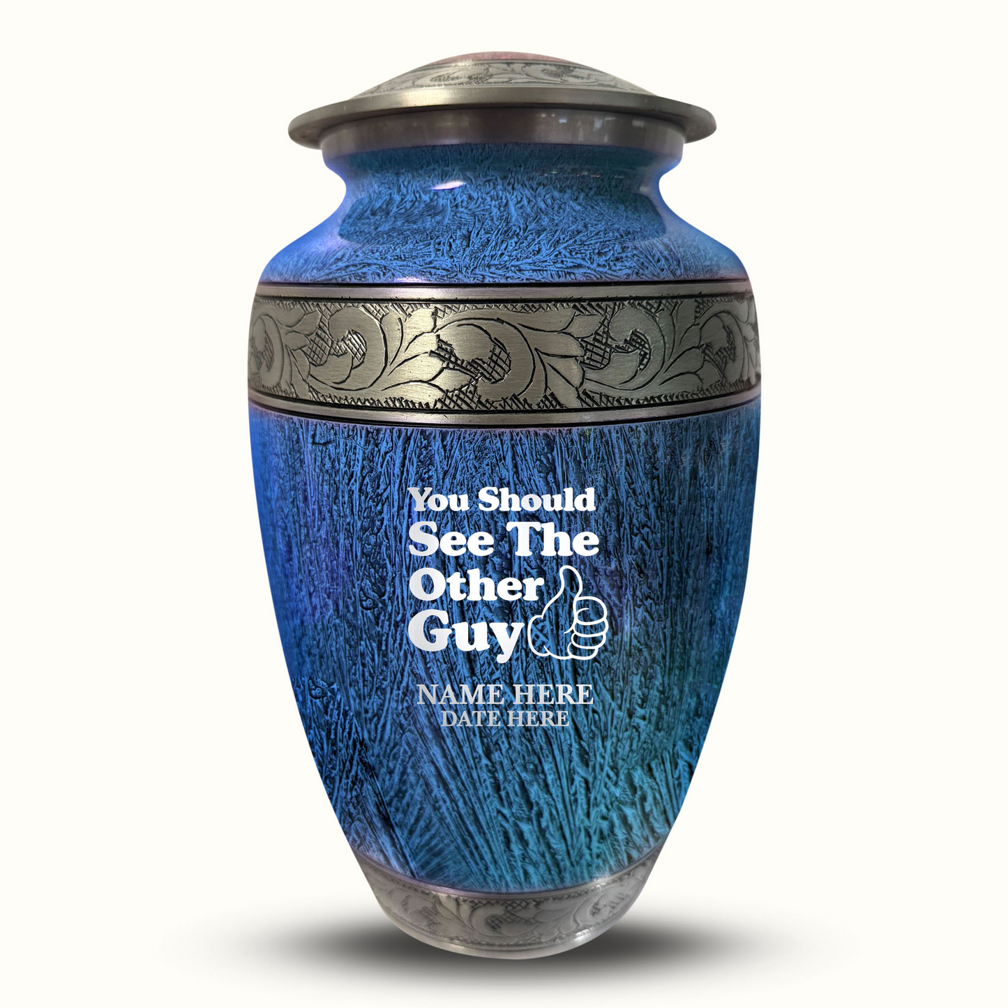 Custom Large Cremation Urn for Human Ashes - Elevate Collection - Dark Humor Design - Distressed Finish - 200 Cubic Inch