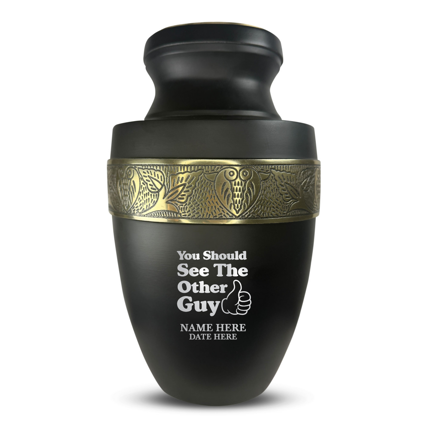 Personalized Adult Cremation Urn with Custom Engraved Name, Date and Dark Humor Design Metal Aluminum Vessel for Ashes and Remains | Elite Collection with Gold Inlay | 200 Cubic Inch