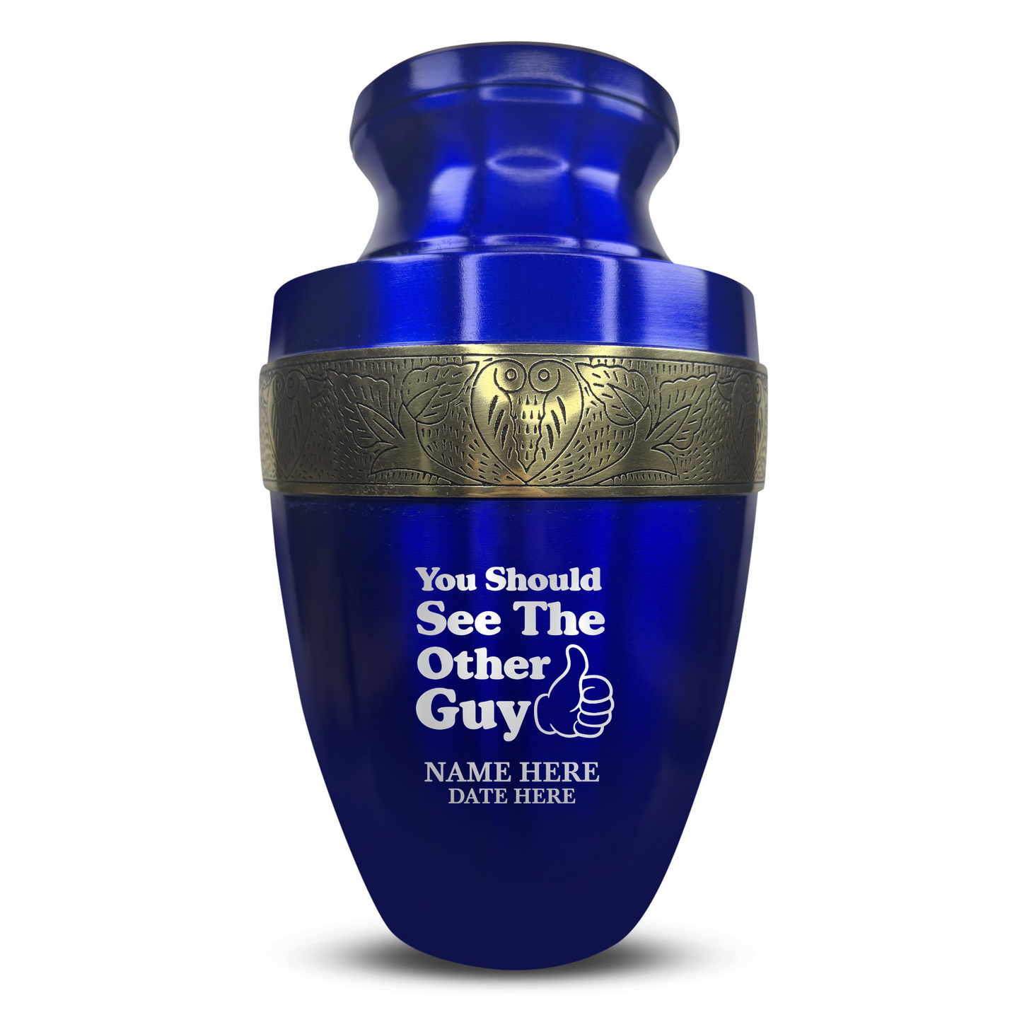 Personalized Adult Cremation Urn with Custom Engraved Name, Date and Dark Humor Design Metal Aluminum Vessel for Ashes and Remains | Elite Collection with Gold Inlay | 200 Cubic Inch