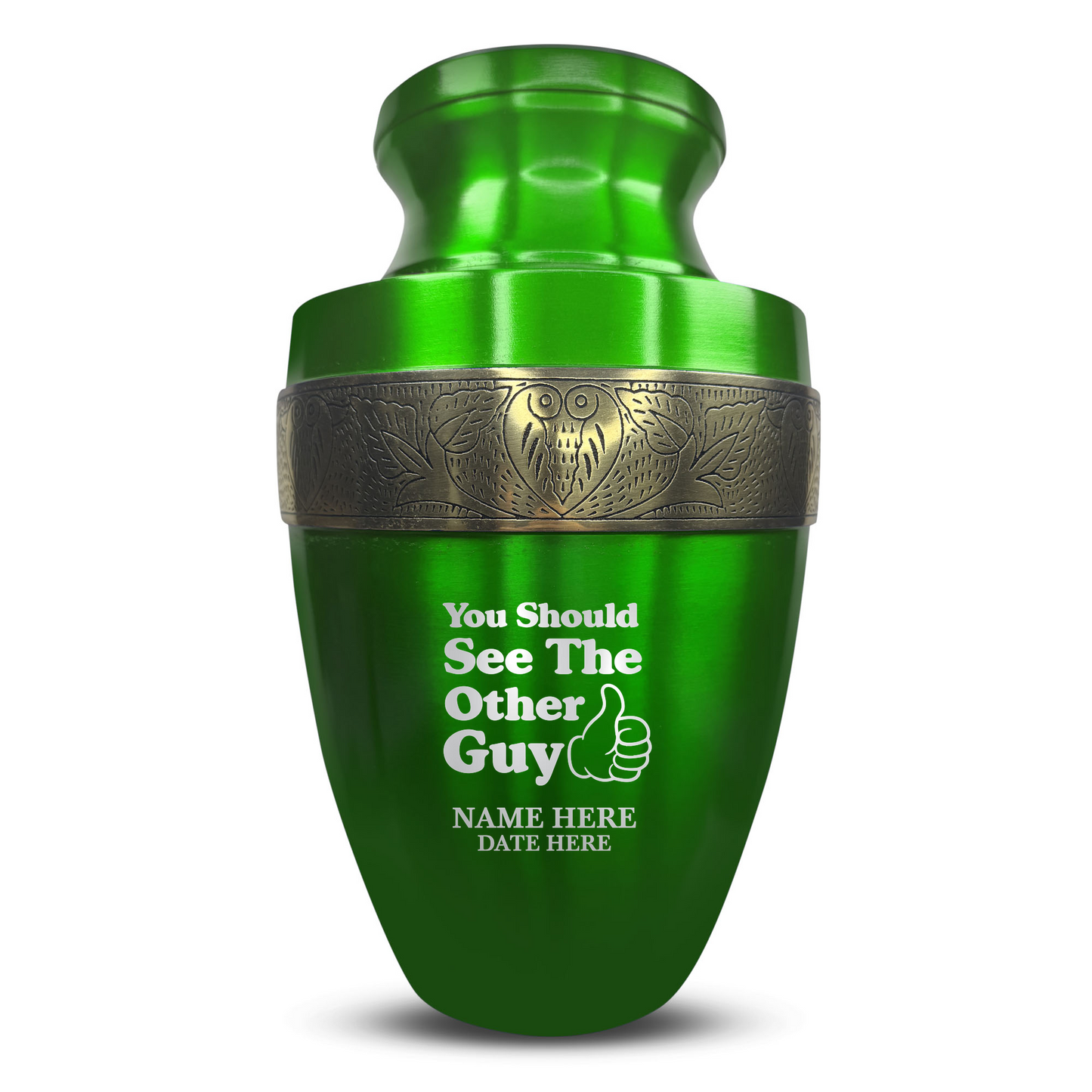 Personalized Adult Cremation Urn with Custom Engraved Name, Date and Dark Humor Design Metal Aluminum Vessel for Ashes and Remains | Elite Collection with Gold Inlay | 200 Cubic Inch