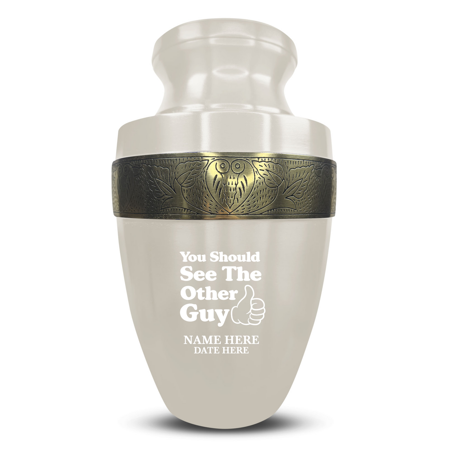Personalized Adult Cremation Urn with Custom Engraved Name, Date and Dark Humor Design Metal Aluminum Vessel for Ashes and Remains | Elite Collection with Gold Inlay | 200 Cubic Inch