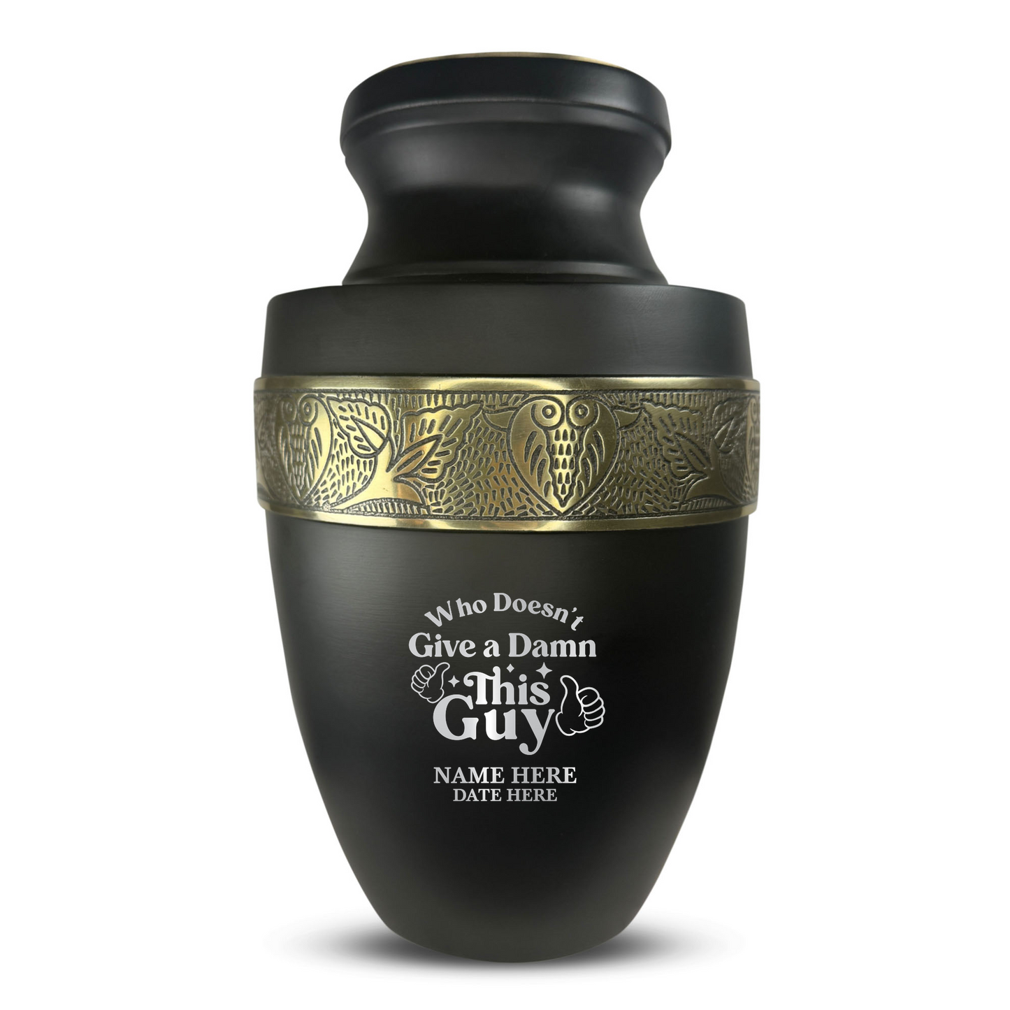 Personalized Adult Cremation Urn with Custom Engraved Name, Date and Dark Humor Design Metal Aluminum Vessel for Ashes and Remains | Elite Collection with Gold Inlay | 200 Cubic Inch