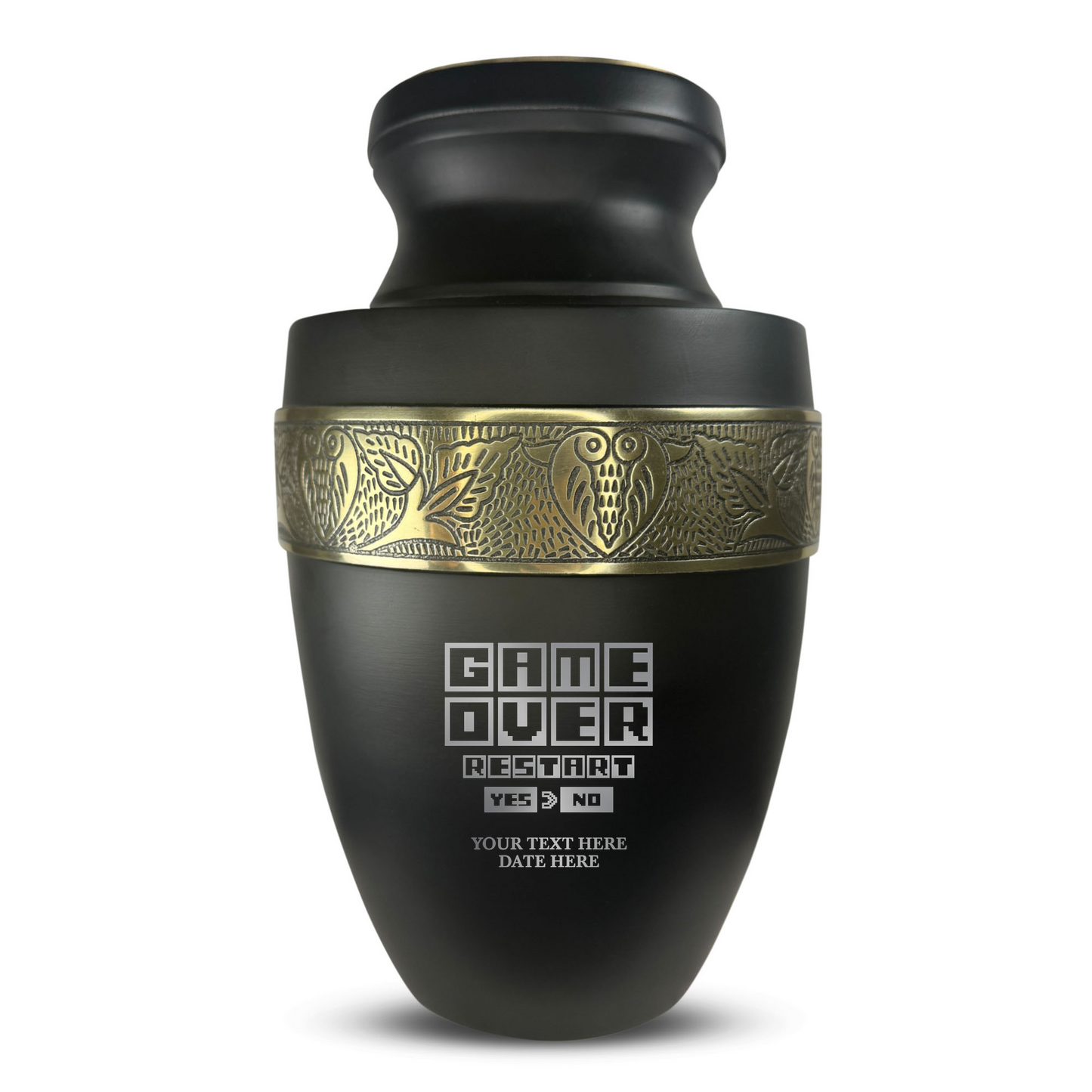 Personalized Adult Cremation Urn with Custom Engraved Name, Date and Funny Gaming Design Metal Aluminum Vessel for Ashes and Remains | Elite Collection with Gold Inlay | 200 Cubic Inch