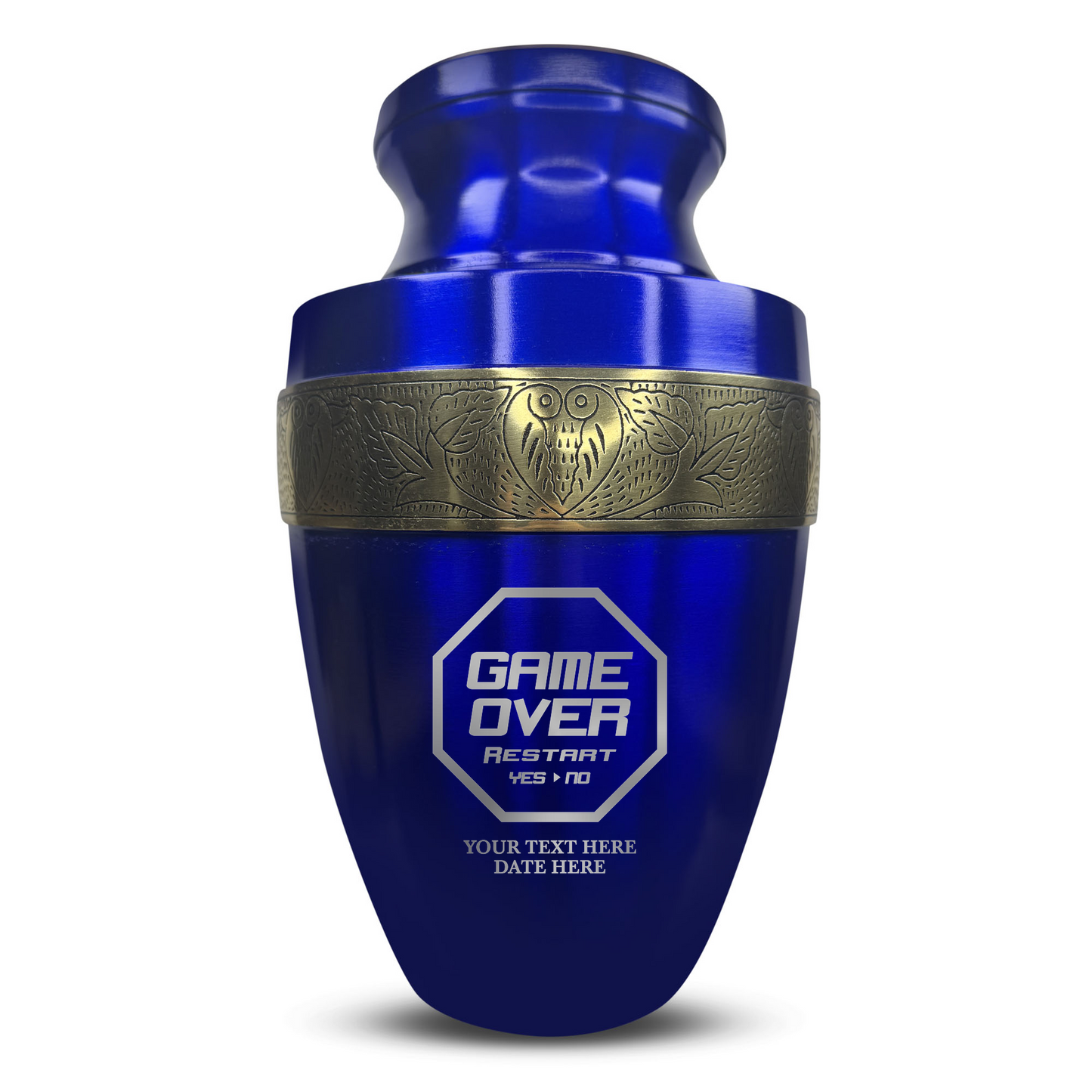 Personalized Adult Cremation Urn with Custom Engraved Name, Date and Funny Gaming Design Metal Aluminum Vessel for Ashes and Remains | Elite Collection with Gold Inlay | 200 Cubic Inch