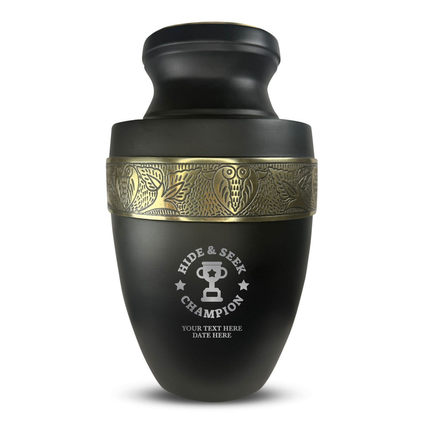 Personalized Adult Cremation Urn with Custom Engraved Name, Date and Dark Humor Design Metal Aluminum Vessel for Ashes and Remains | Elite Collection with Gold Inlay | 200 Cubic Inch