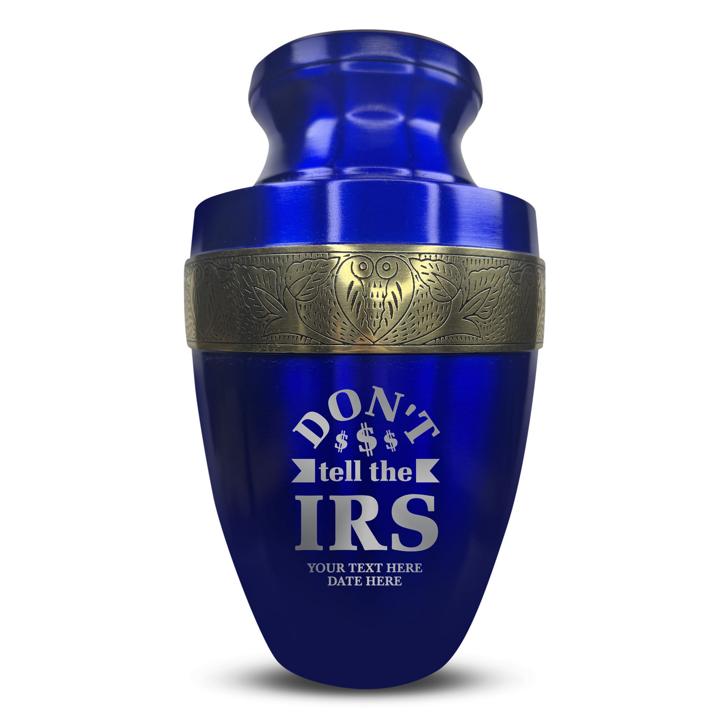 Personalized Adult Cremation Urn with Custom Engraved Name, Date and Funny Office Design Metal Aluminum Vessel for Ashes and Remains | Elite Collection with Gold Inlay | 200 Cubic Inch
