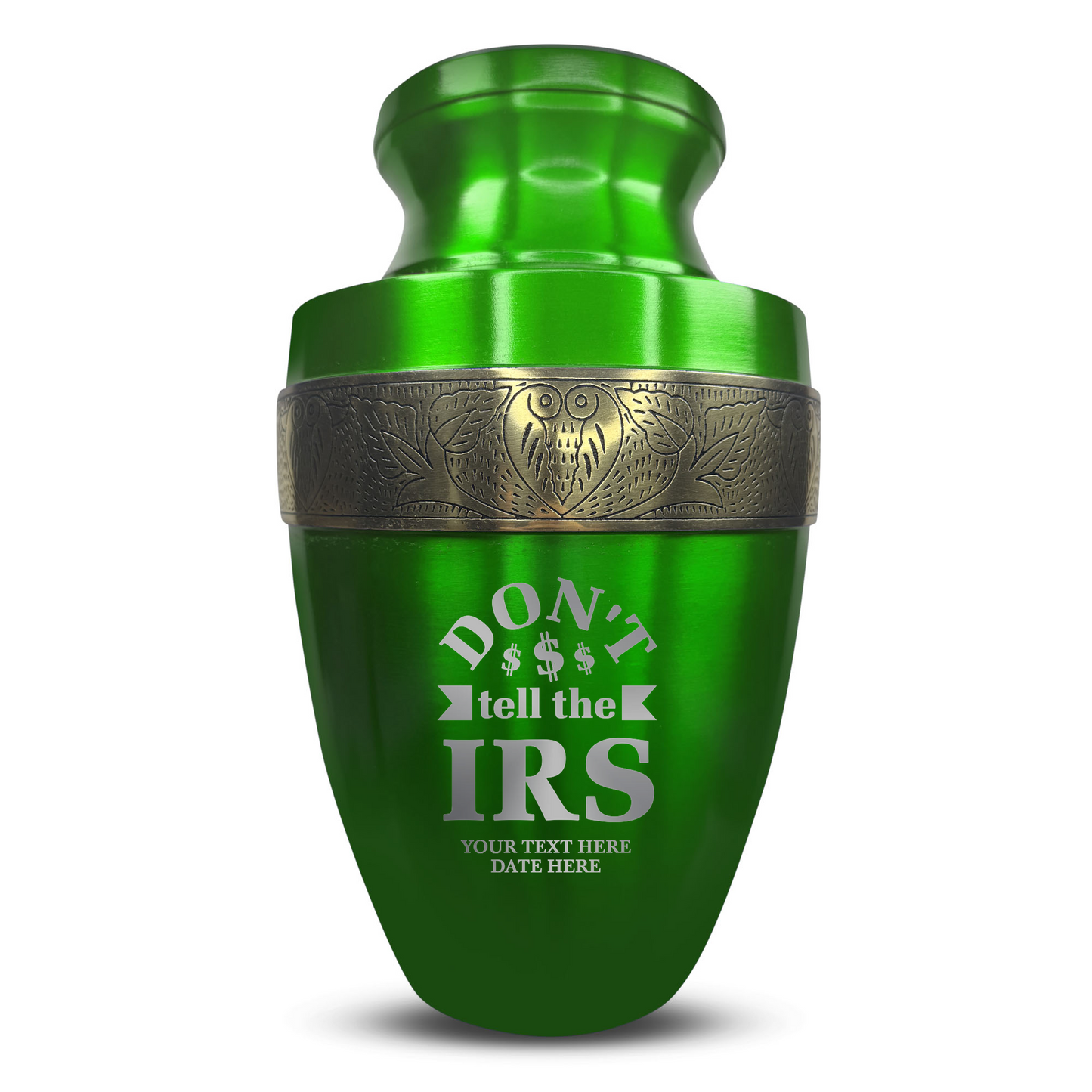 Personalized Adult Cremation Urn with Custom Engraved Name, Date and Funny Office Design Metal Aluminum Vessel for Ashes and Remains | Elite Collection with Gold Inlay | 200 Cubic Inch