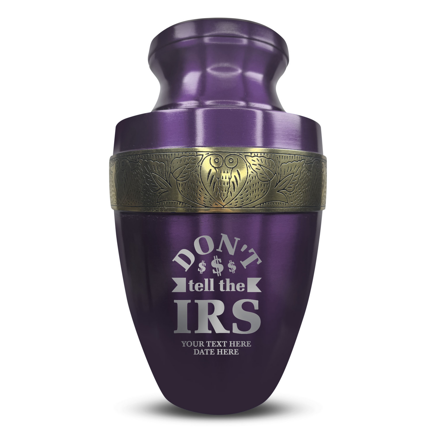 Personalized Adult Cremation Urn with Custom Engraved Name, Date and Funny Office Design Metal Aluminum Vessel for Ashes and Remains | Elite Collection with Gold Inlay | 200 Cubic Inch