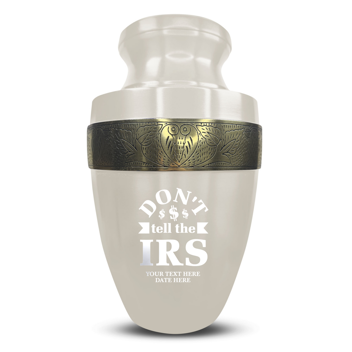 Personalized Adult Cremation Urn with Custom Engraved Name, Date and Funny Office Design Metal Aluminum Vessel for Ashes and Remains | Elite Collection with Gold Inlay | 200 Cubic Inch