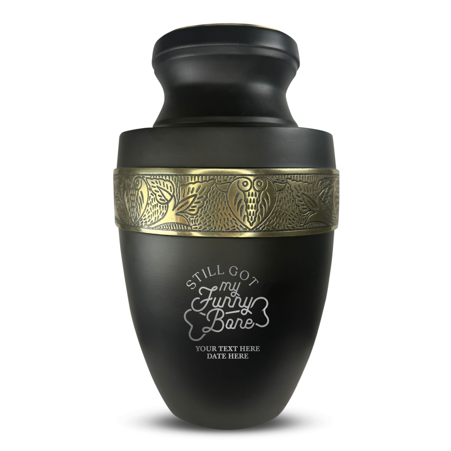 Personalized Adult Cremation Urn with Custom Engraved Name, Date and Simple Humor Design Metal Aluminum Vessel for Ashes and Remains | Elite Collection with Gold Inlay | 200 Cubic Inch