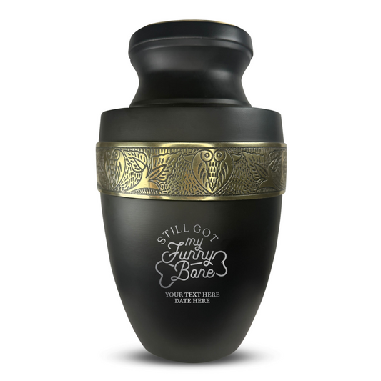 Personalized Adult Cremation Urn with Custom Engraved Name, Date and Simple Humor Design Metal Aluminum Vessel for Ashes and Remains | Elite Collection with Gold Inlay | 200 Cubic Inch