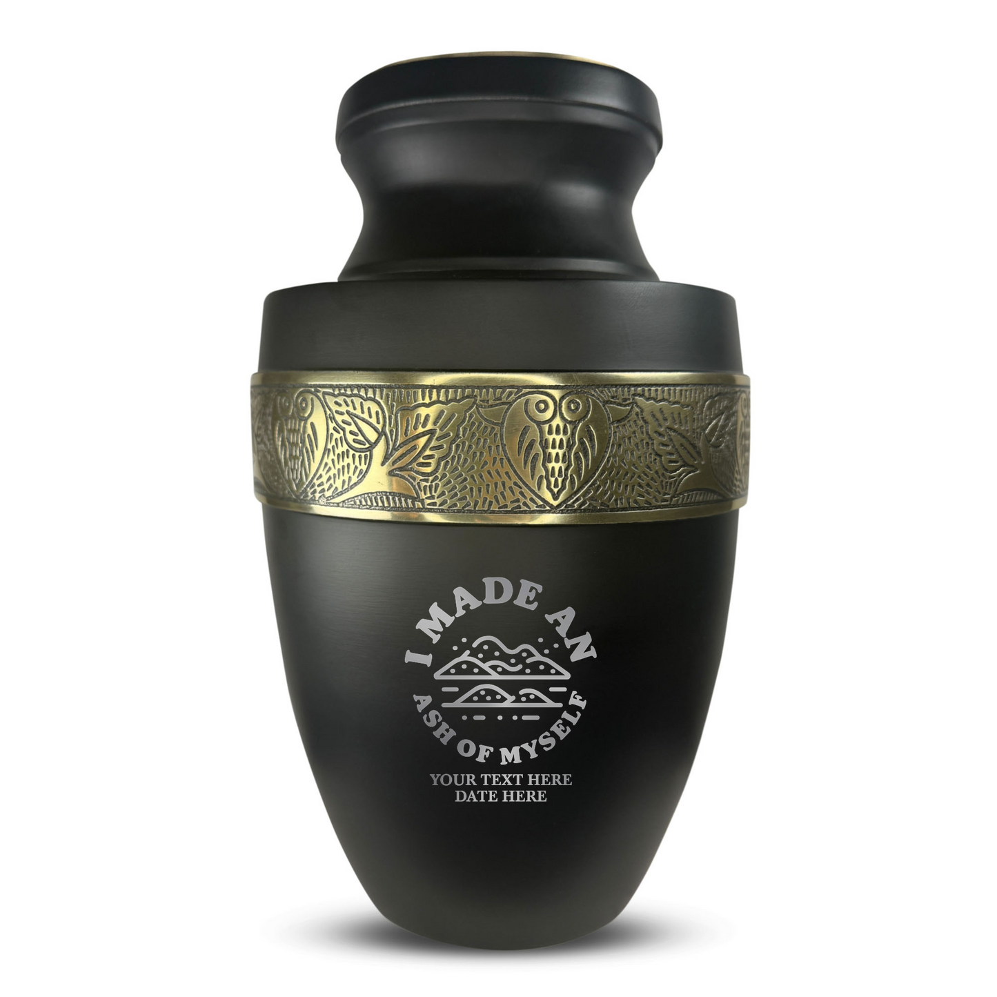 Personalized Adult Cremation Urn with Custom Engraved Name, Date and Dark Humor Design Metal Aluminum Vessel for Ashes and Remains | Elite Collection with Gold Inlay | 200 Cubic Inch
