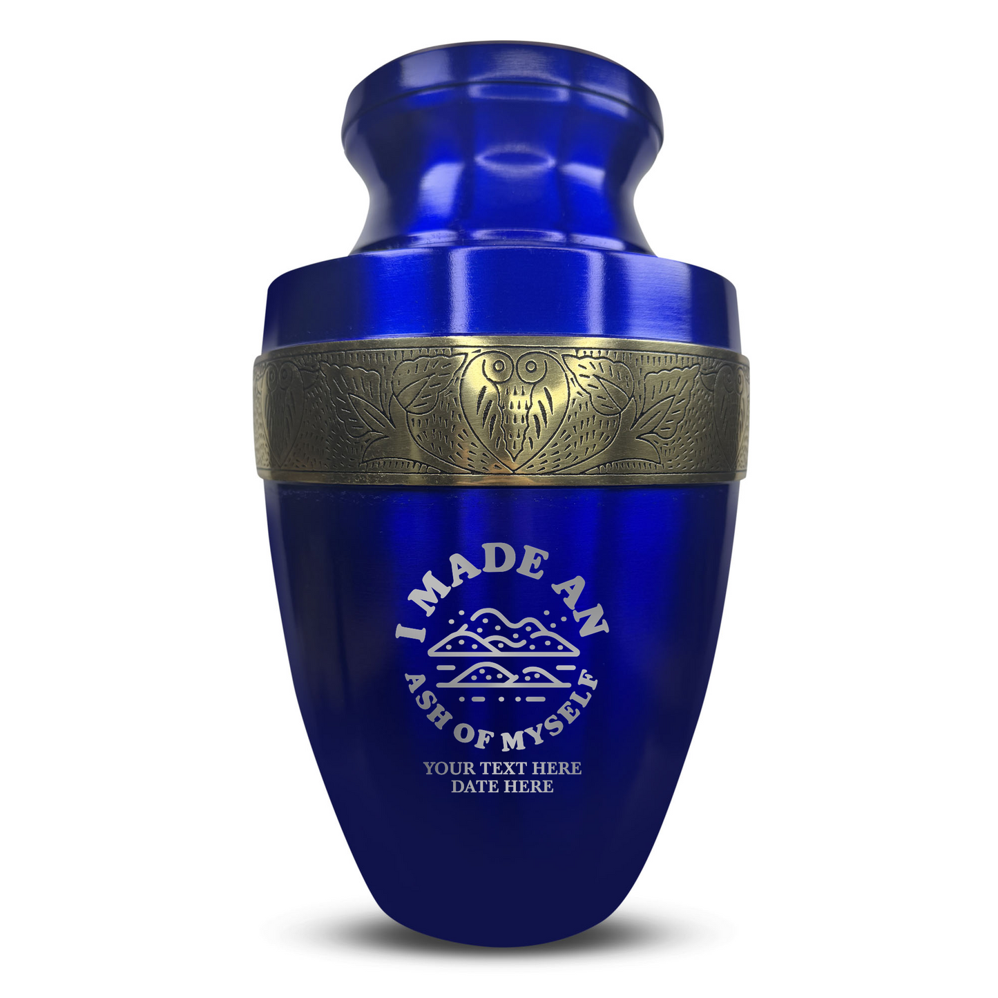 Personalized Adult Cremation Urn with Custom Engraved Name, Date and Dark Humor Design Metal Aluminum Vessel for Ashes and Remains | Elite Collection with Gold Inlay | 200 Cubic Inch