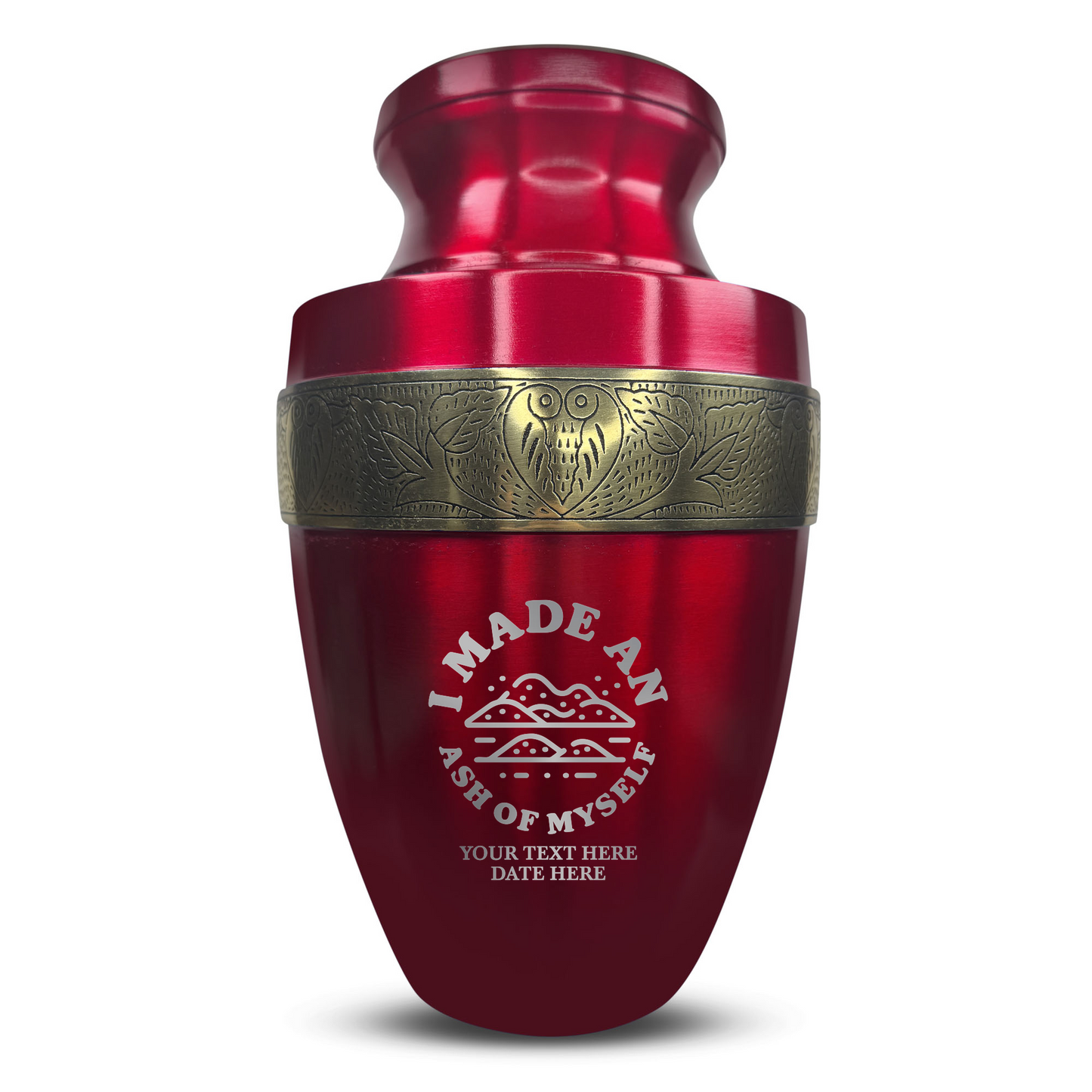 Personalized Adult Cremation Urn with Custom Engraved Name, Date and Dark Humor Design Metal Aluminum Vessel for Ashes and Remains | Elite Collection with Gold Inlay | 200 Cubic Inch