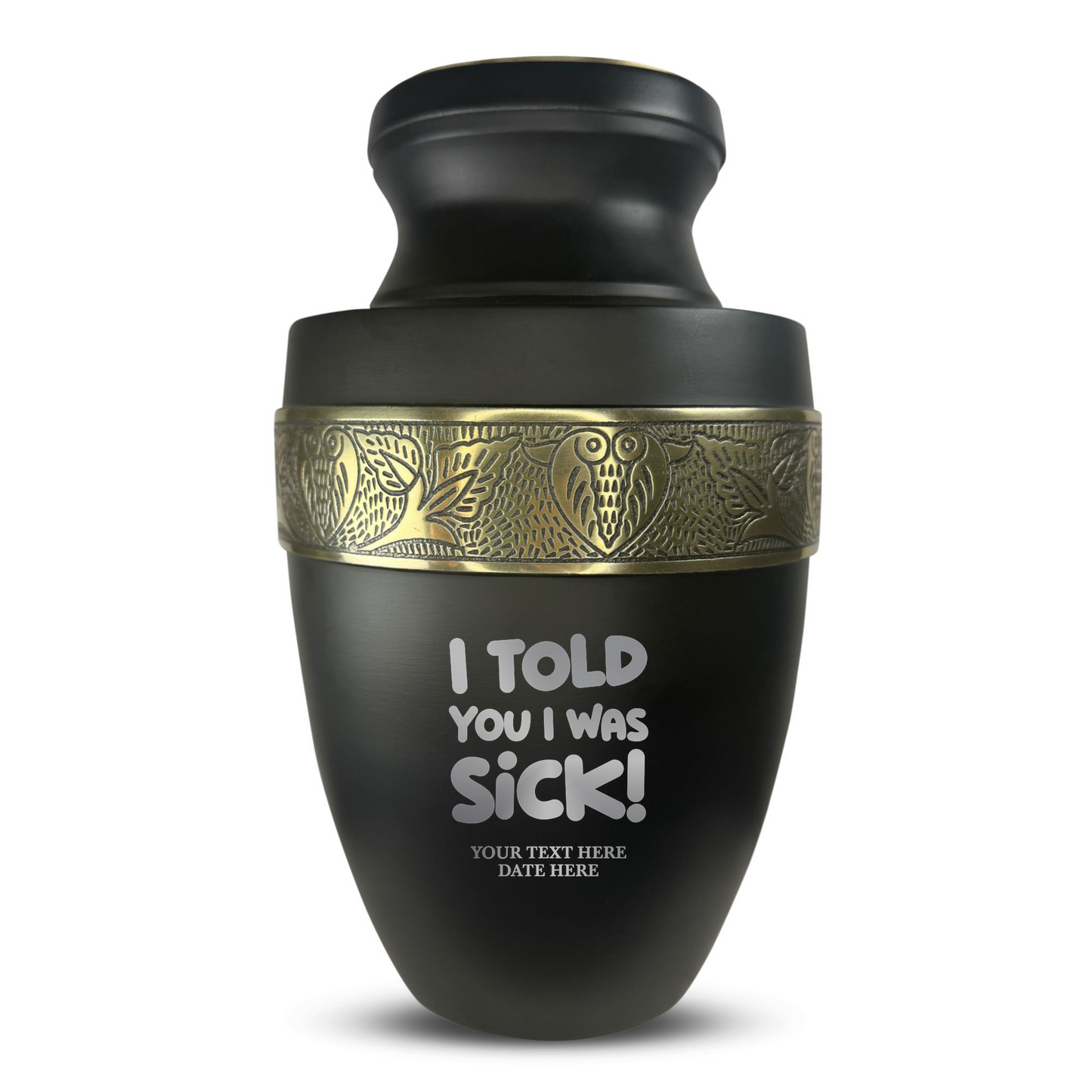 Personalized Adult Cremation Urn with Custom Engraved Name, Date and Dark Humor Design Metal Aluminum Vessel for Ashes and Remains | Elite Collection with Gold Inlay | 200 Cubic Inch