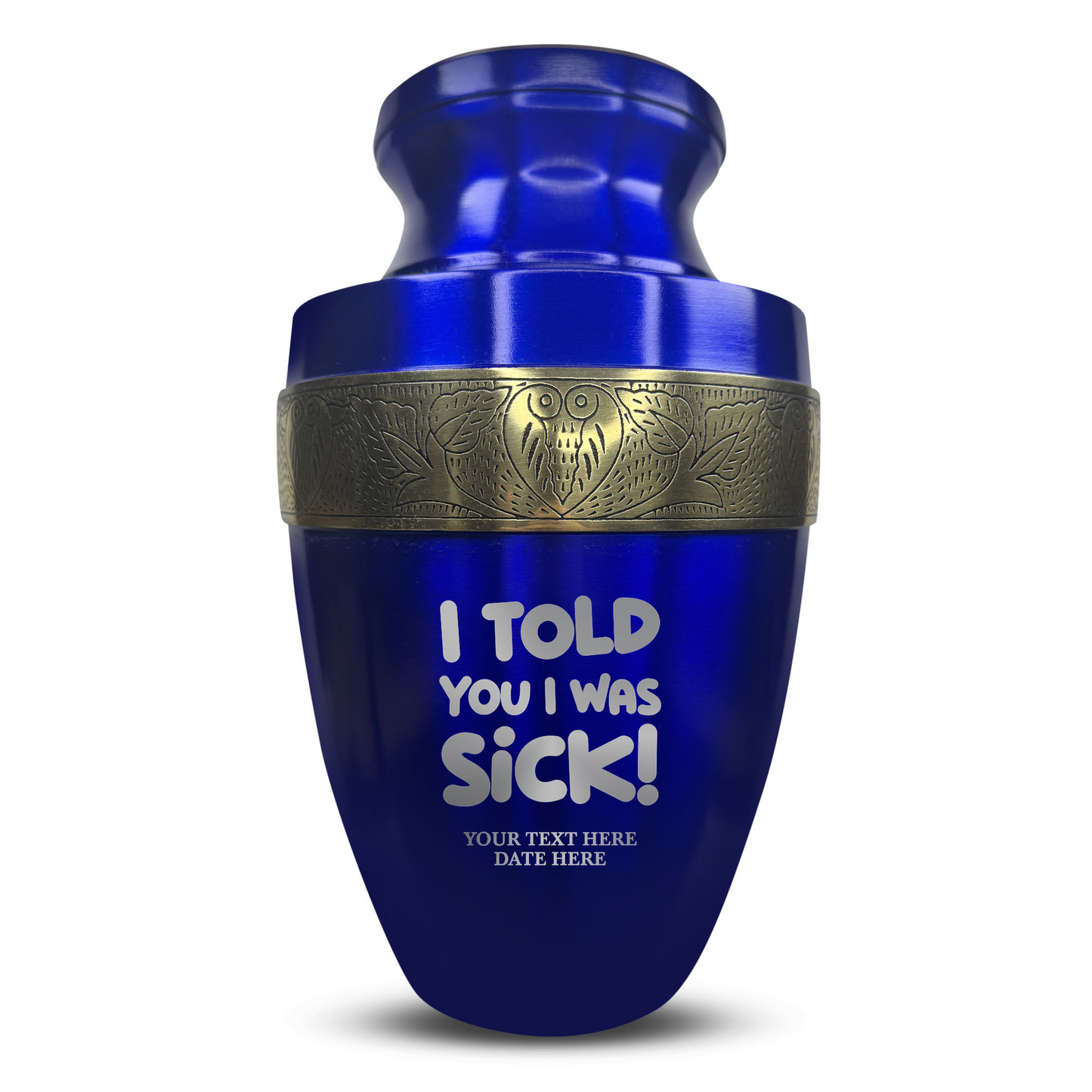 Personalized Adult Cremation Urn with Custom Engraved Name, Date and Dark Humor Design Metal Aluminum Vessel for Ashes and Remains | Elite Collection with Gold Inlay | 200 Cubic Inch