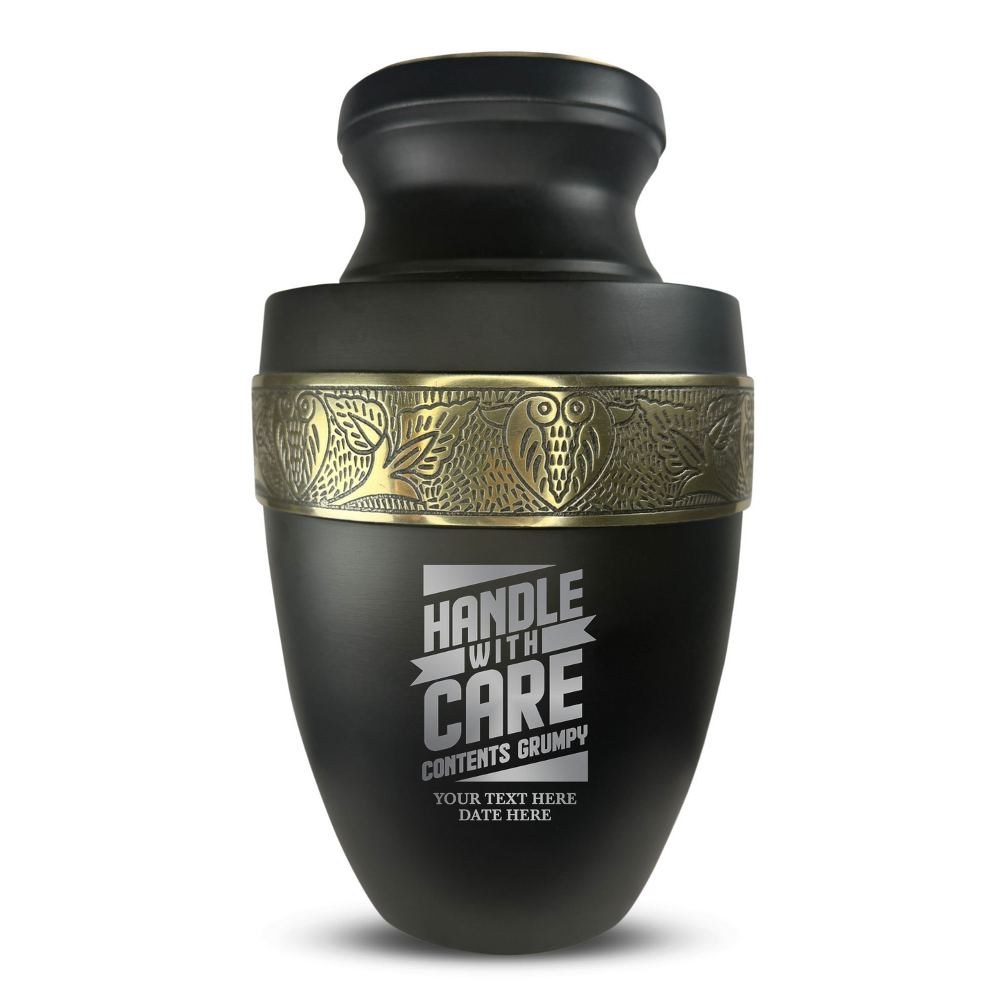 Personalized Adult Cremation Urn with Custom Engraved Name, Date and Simple Humor Design Metal Aluminum Vessel for Ashes and Remains | Elite Collection with Gold Inlay | 200 Cubic Inch