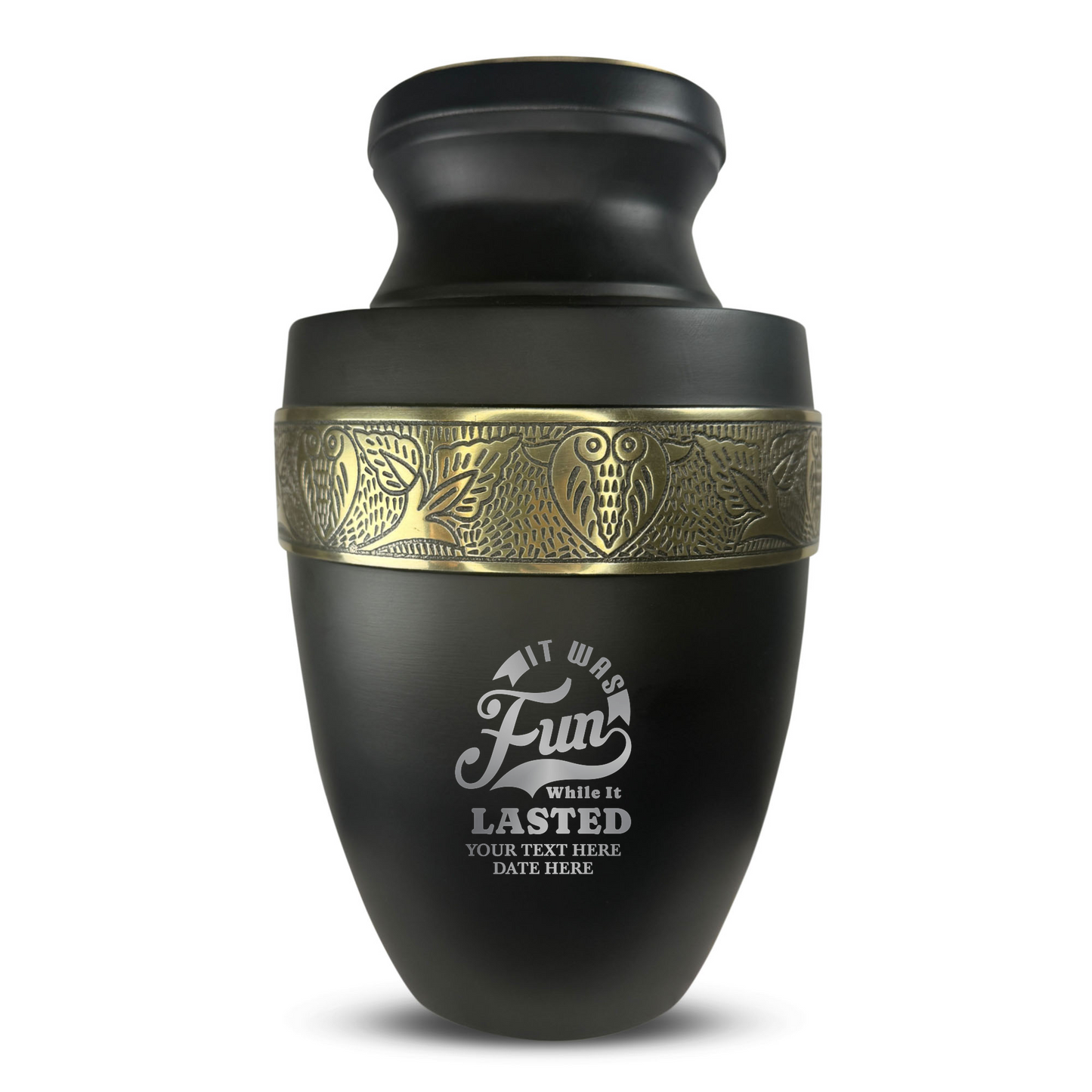 Personalized Adult Cremation Urn with Custom Engraved Name, Date and Dark Humor Design Metal Aluminum Vessel for Ashes and Remains | Elite Collection with Gold Inlay | 200 Cubic Inch