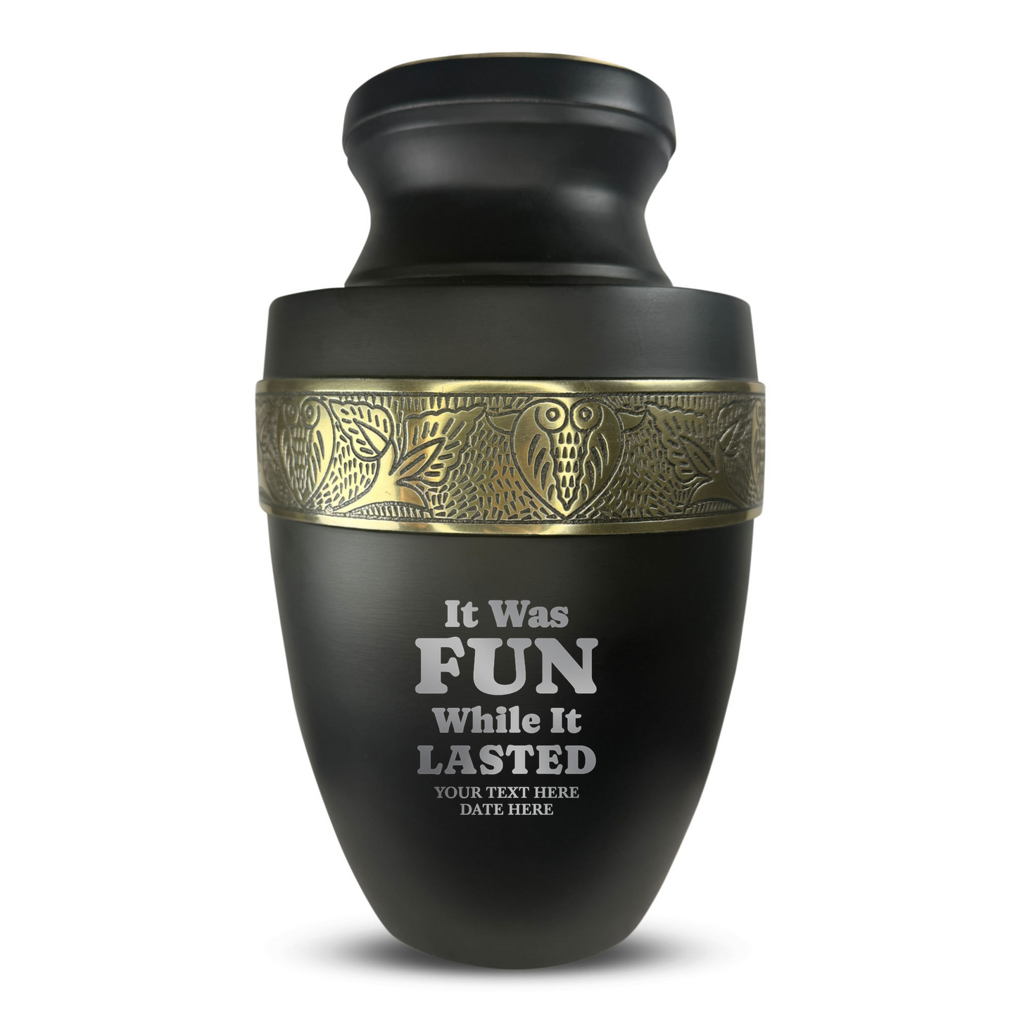 Personalized Adult Cremation Urn with Custom Engraved Name, Date and Dark Humor Design Metal Aluminum Vessel for Ashes and Remains | Elite Collection with Gold Inlay | 200 Cubic Inch