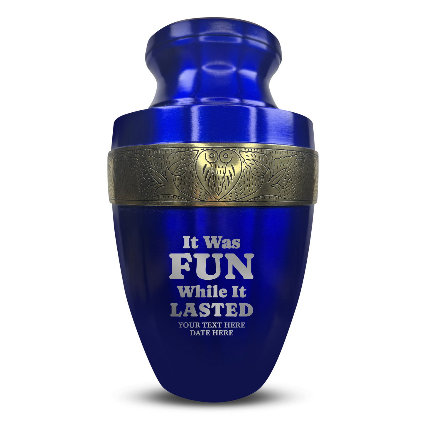 Personalized Adult Cremation Urn with Custom Engraved Name, Date and Dark Humor Design Metal Aluminum Vessel for Ashes and Remains | Elite Collection with Gold Inlay | 200 Cubic Inch