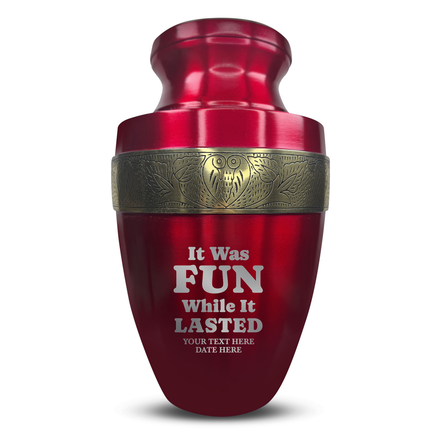 Personalized Adult Cremation Urn with Custom Engraved Name, Date and Dark Humor Design Metal Aluminum Vessel for Ashes and Remains | Elite Collection with Gold Inlay | 200 Cubic Inch