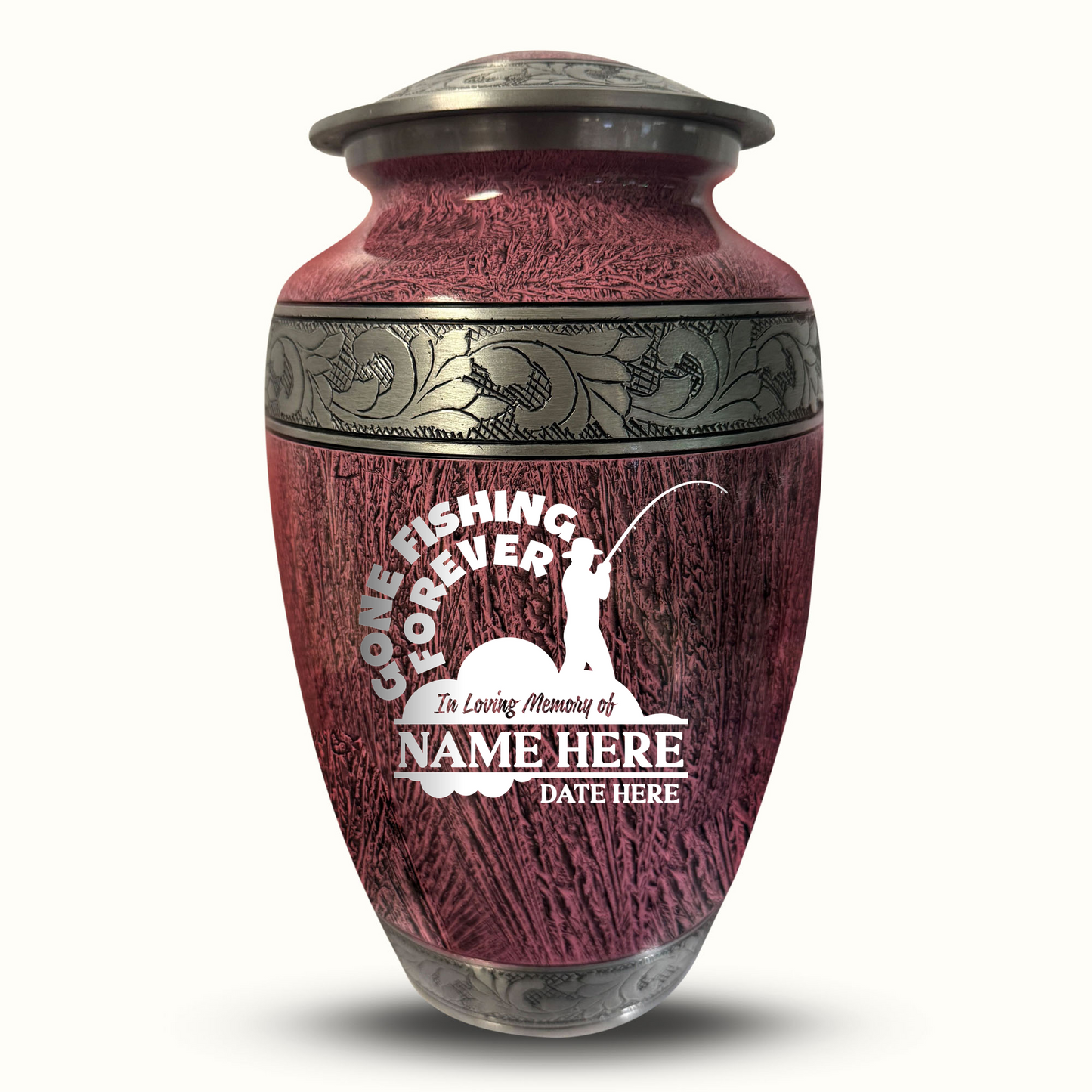 Custom Large Cremation Urn for Human Ashes - Elevate Collection - Funny Fishing Design - Distressed Finish - 200 Cubic Inch