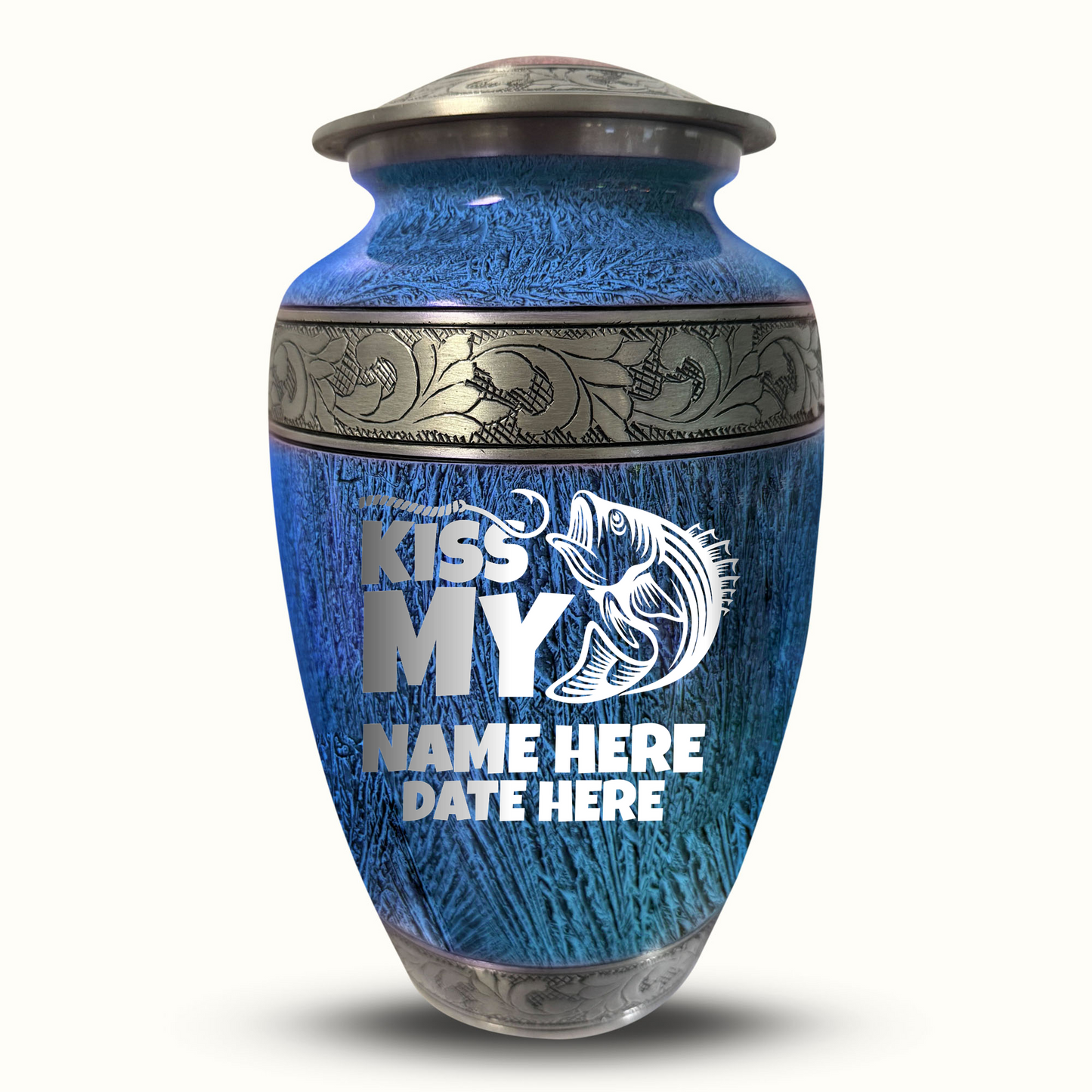 Custom Large Cremation Urn for Human Ashes - Elevate Collection - Funny Fishing Design - Distressed Finish - 200 Cubic Inch