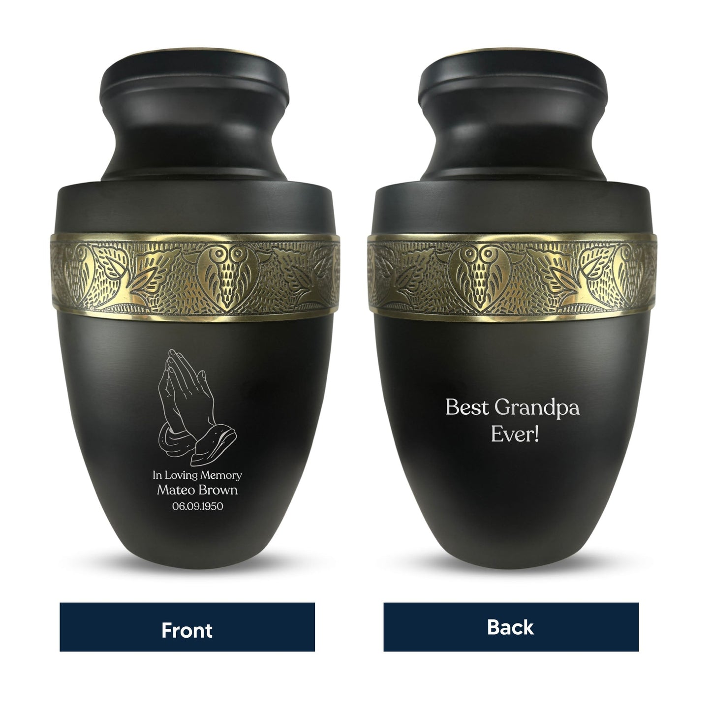 Personalized Adult Cremation Urn with Custom Engraved Name, Date and Funny Religious Design Metal Aluminum Vessel for Ashes and Remains | Elite Collection with Gold Inlay | 200 Cubic Inch