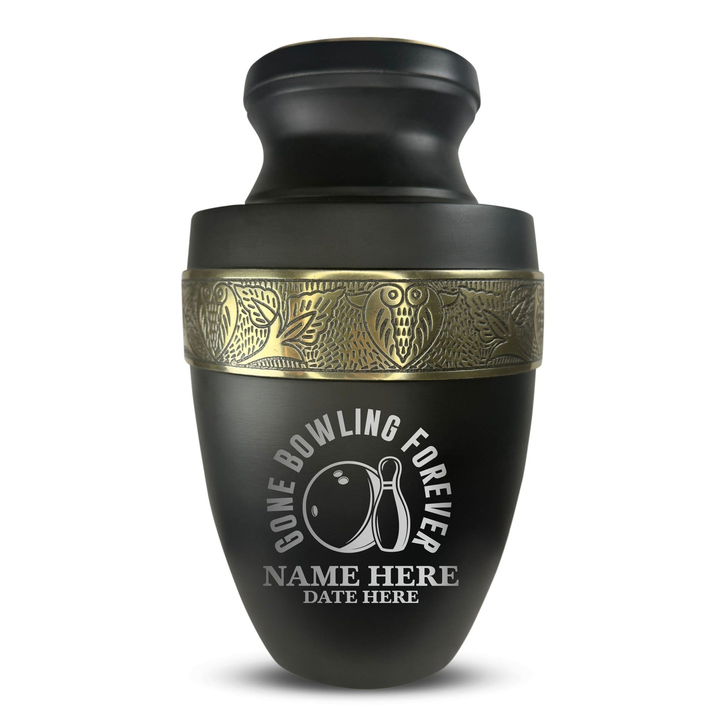 Personalized Adult Human Cremation Urn with Custom Engraved Name Date on Vessel for Ashes and Cremains | Elite Funny Bowling Lover Series with Gold Inlay | 200 Lbs | Black