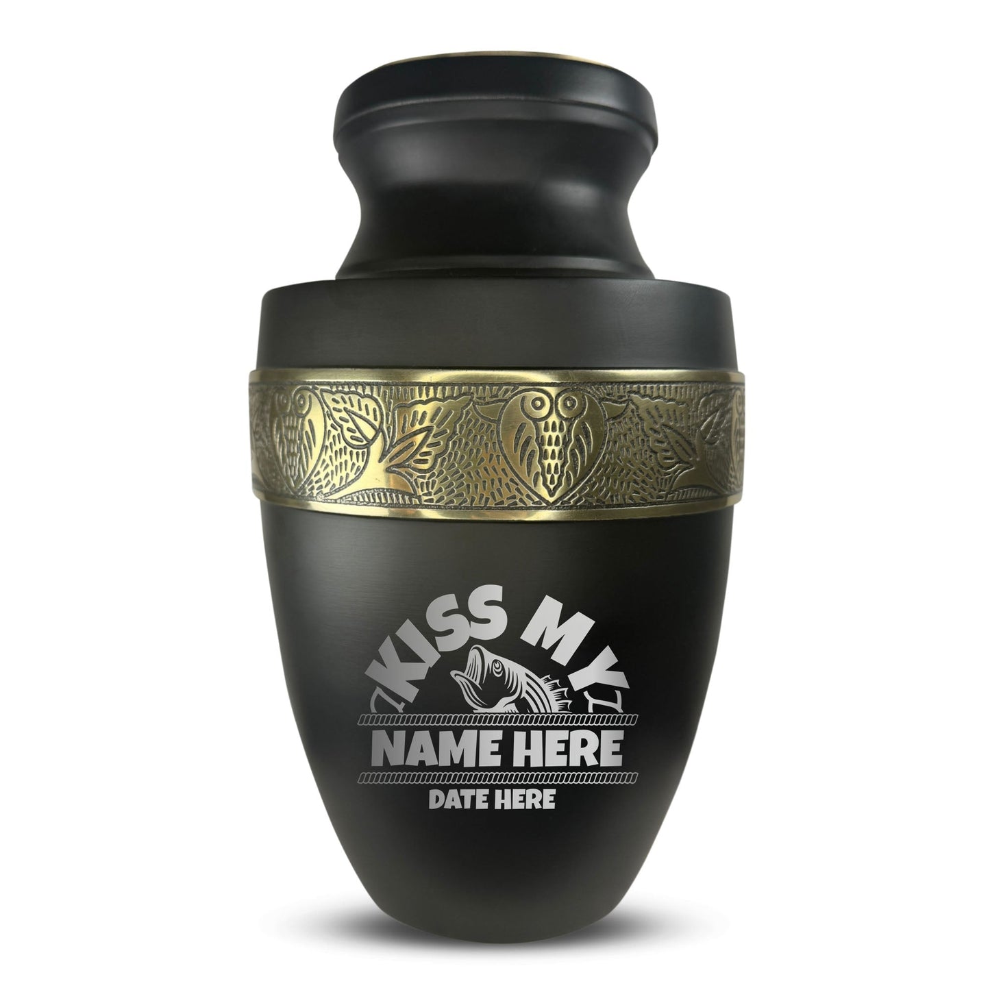 Personalized Adult Human Cremation Urn with Custom Engraved Name Date Boat on Vessel for Ashes and Cremains | Funny Fishing Lover Series with Gold Inlay | 200 Lbs