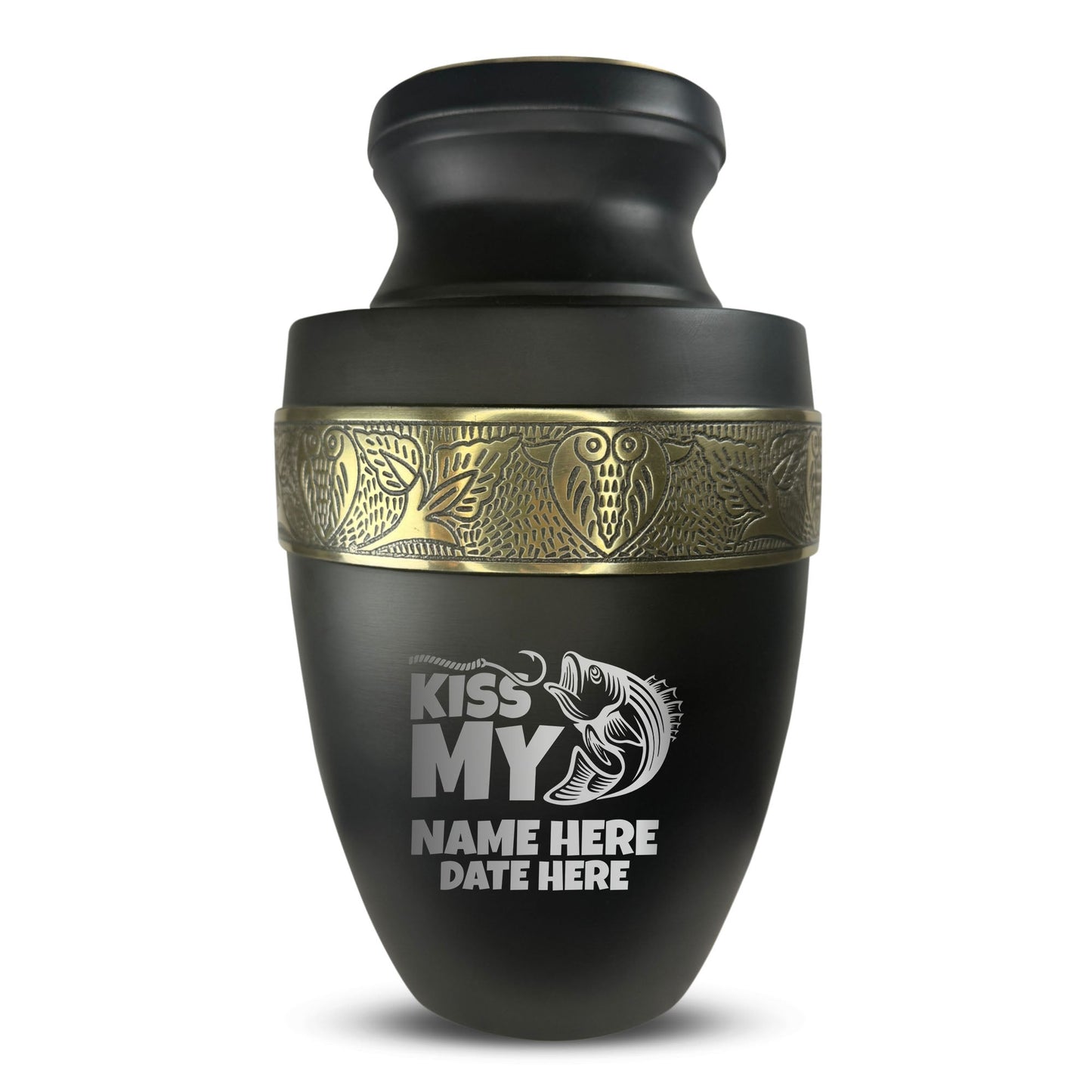 Personalized Adult Human Cremation Urn with Custom Engraved Name Date Boat on Vessel for Ashes and Cremains | Funny Fishing Lover Series with Gold Inlay | 200 Lbs