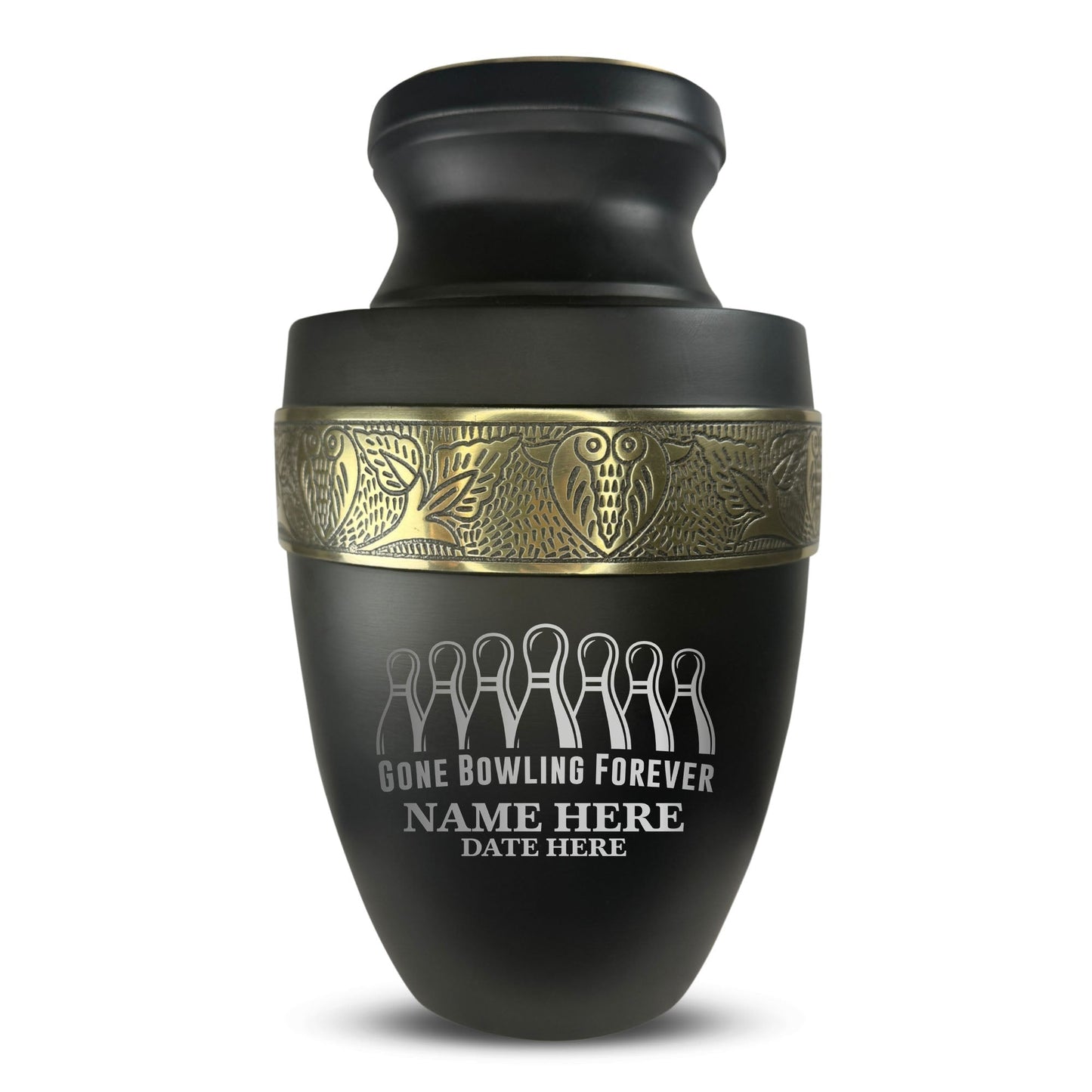 Personalized Adult Human Cremation Urn with Custom Engraved Name Date on Vessel for Ashes and Cremains | Elite Funny Bowling Lover Series with Gold Inlay | 200 Lbs | Black