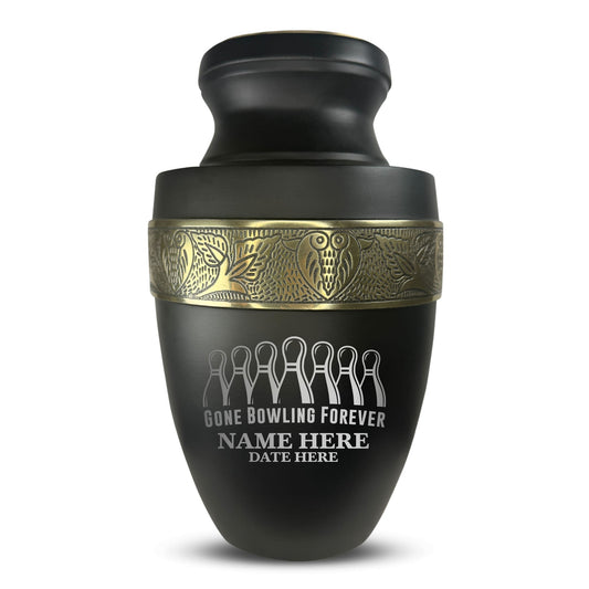 Personalized Adult Human Cremation Urn with Custom Engraved Name Date on Vessel for Ashes and Cremains | Elite Funny Bowling Lover Series with Gold Inlay | 200 Lbs | Black