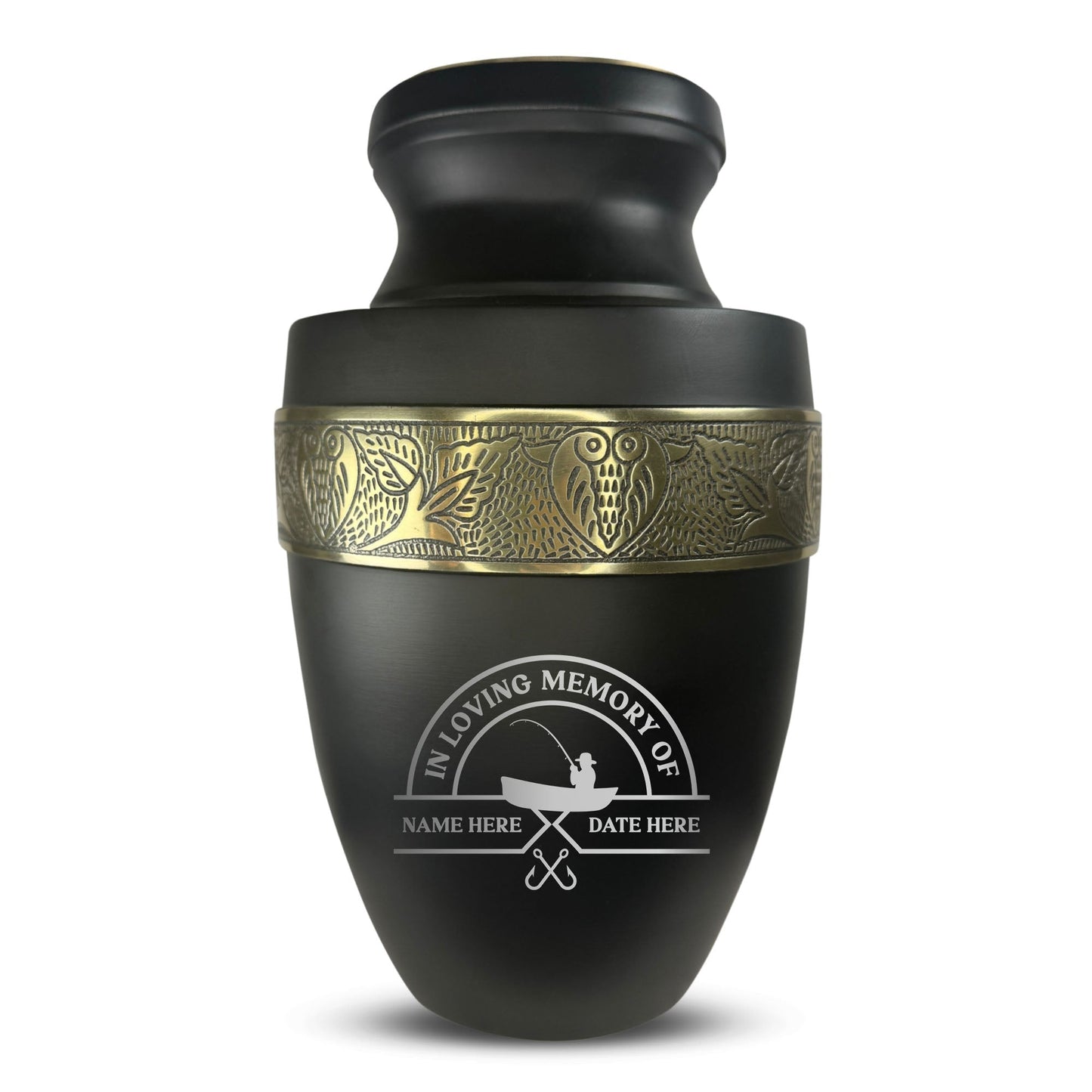 Personalized Adult Human Cremation Urn with Custom Engraved Name Date Boat on Vessel for Ashes and Cremains | Funny Fishing Lover Series with Gold Inlay | 200 Lbs