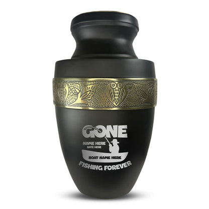 Personalized Adult Human Cremation Urn with Custom Engraved Name Date Boat on Vessel for Ashes and Cremains | Funny Fishing Lover Series with Gold Inlay | 200 Lbs