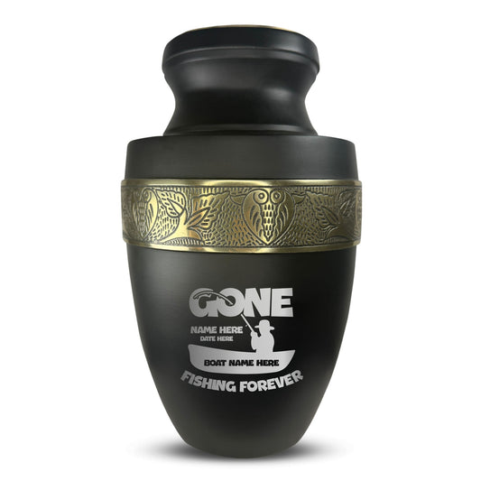 Personalized Adult Human Cremation Urn with Custom Engraved Name Date Boat on Vessel for Ashes and Cremains | Funny Fishing Lover Series with Gold Inlay | 200 Lbs