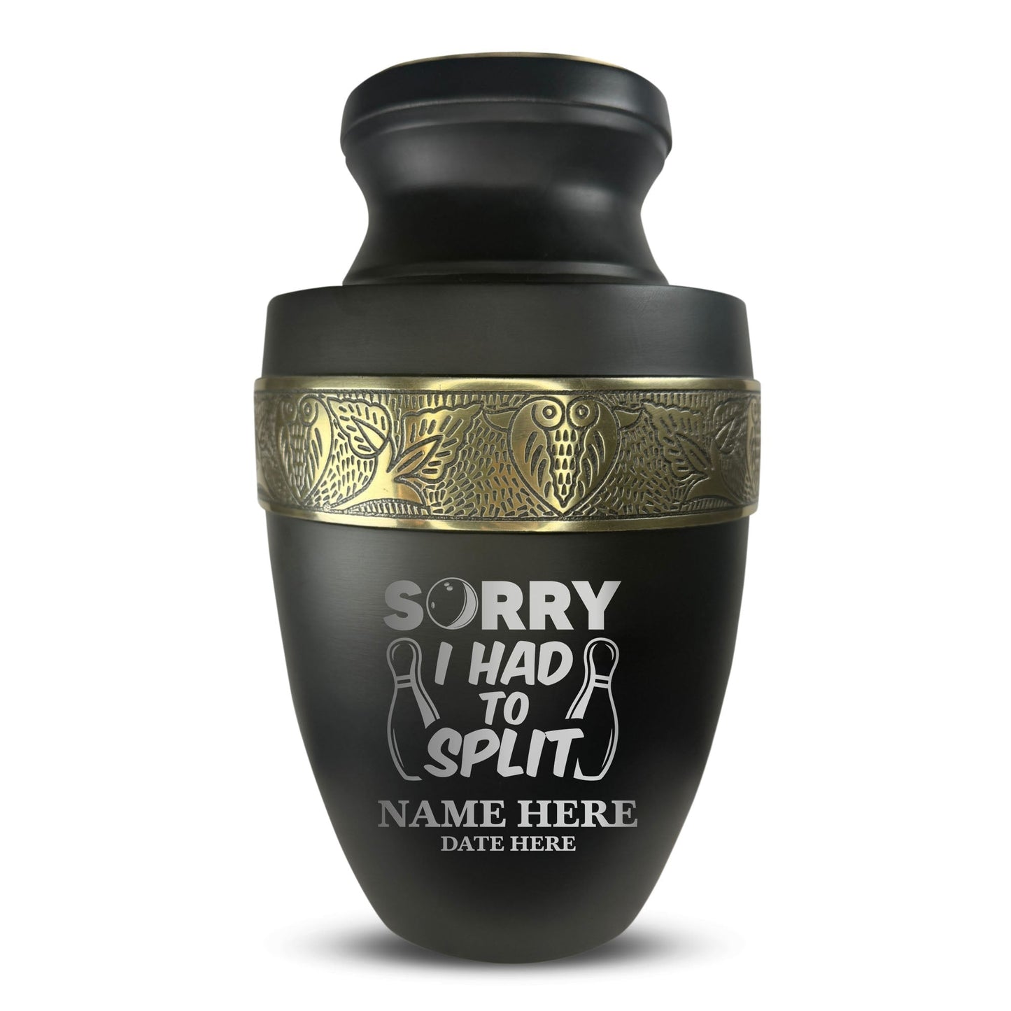 Personalized Adult Human Cremation Urn with Custom Engraved Name Date on Vessel for Ashes and Cremains | Elite Funny Bowling Lover Series with Gold Inlay | 200 Lbs | Black
