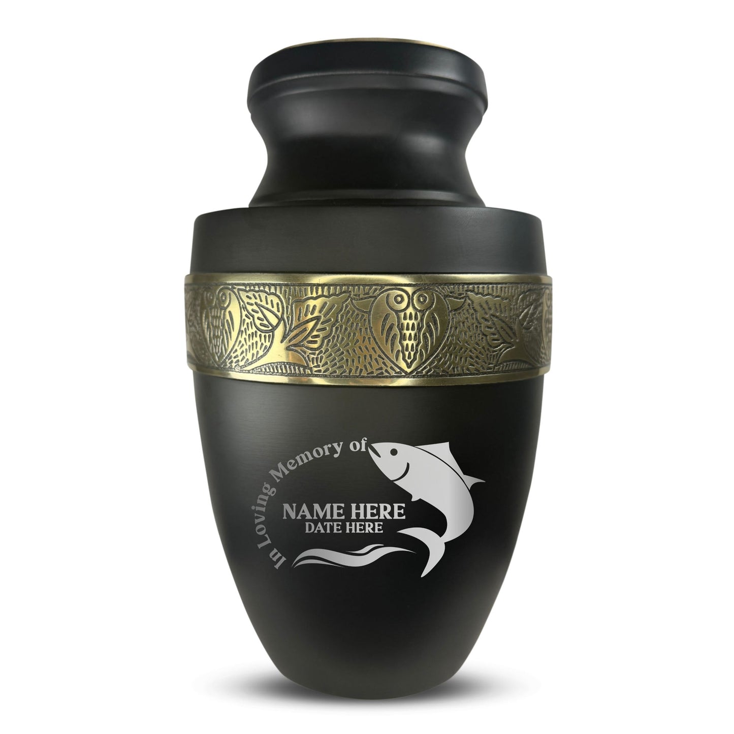 Personalized Adult Human Cremation Urn with Custom Engraved Name Date Boat on Vessel for Ashes and Cremains | Funny Fishing Lover Series with Gold Inlay | 200 Lbs